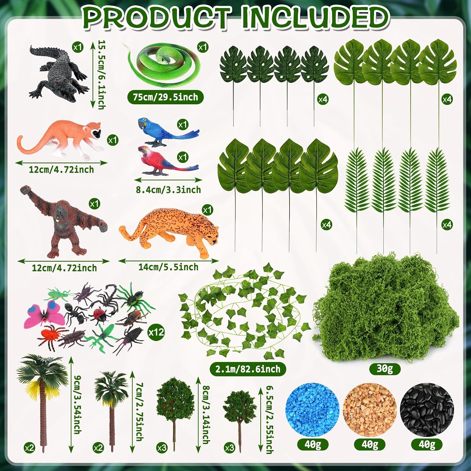 Draupnir Rainforest Animals Figures 47 Pcs Rainforest Diorama Kit Realistic Diorama Box Habitat Project Box Set Animals Model Scenery Kit DIY Crafts