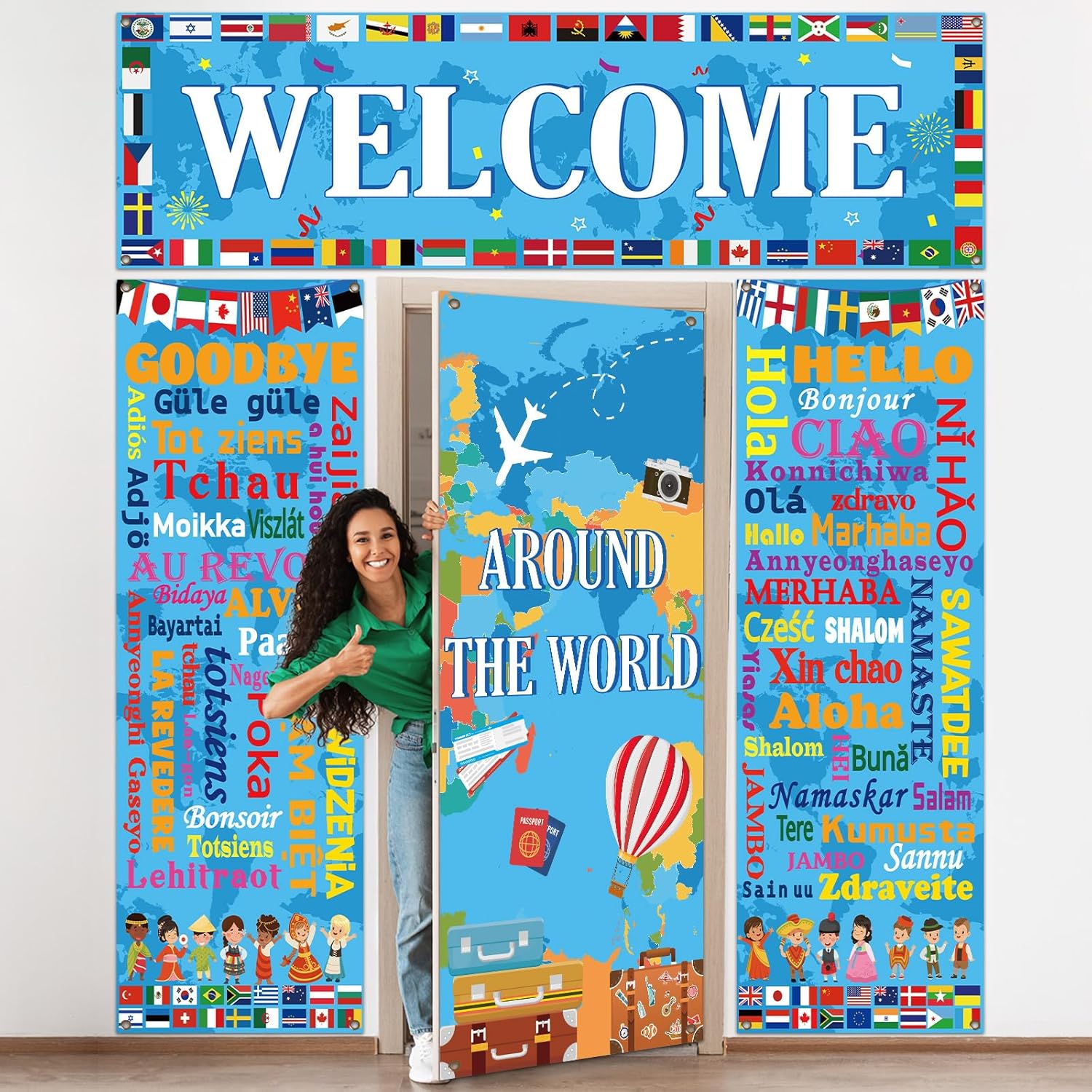 4 Pcs International World Flag Door Decorations Welcome International National Door Covers Backdrop Country Flags Hanging Banner Porch Sign for Sports Party Supplies Around the World Classroom Decor