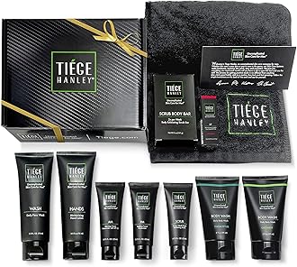 Tiege Hanley Men's Skin Care Mega Gift Box | 10 products | 5 Facial Care | 2 Body Wash | 1 Bar Soap, Hand Lotion, and a Plush Hand Towel | Great Gift Set for Men