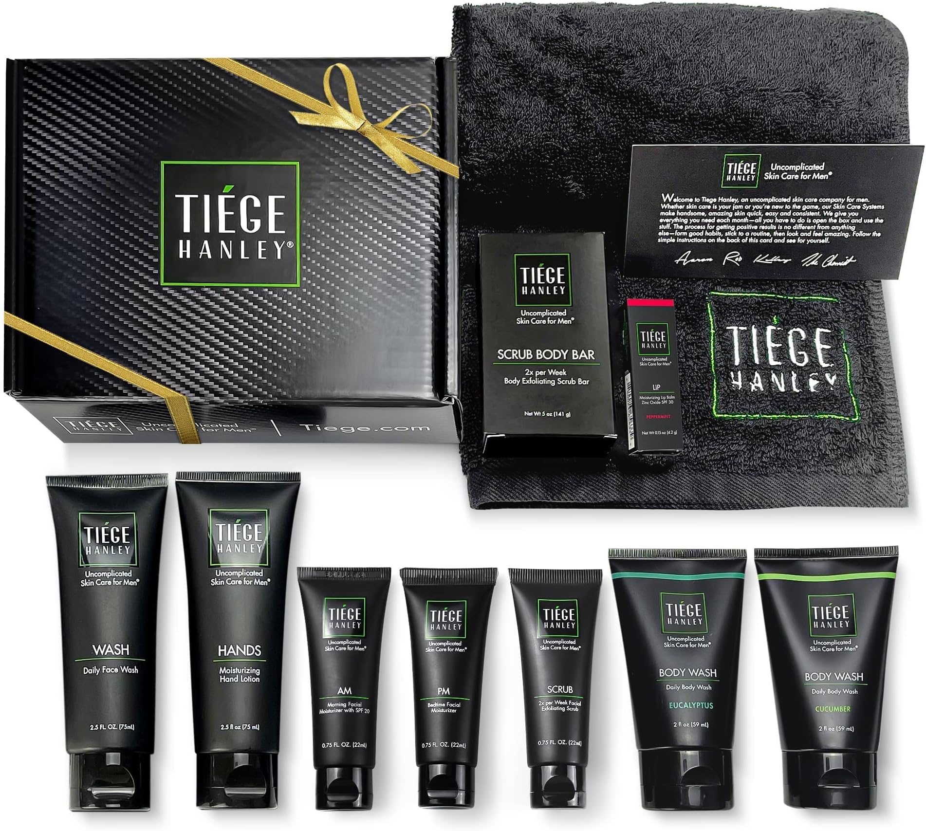 Tiege Hanley Men's Skin Care Mega Gift Box | 10 products | 5 Facial Care | 2 Body Wash | 1 Bar Soap, Hand Lotion, and a Plush Hand Towel | Great Gift Set for Men