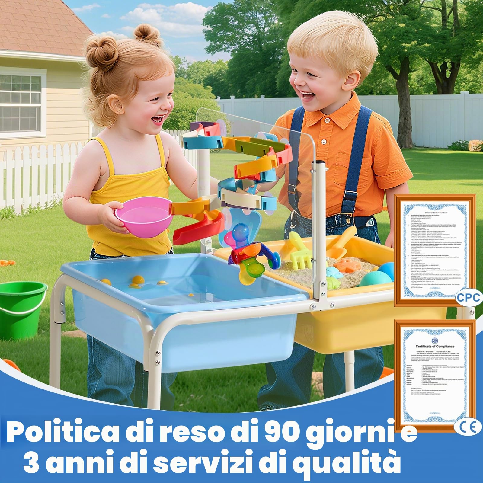 FUNLIO Tavolo per Sabbia e Acqua con 3 Livelli di Altezza Regolabile per Bambini 3-6 Anni, Tavolo sensoriale 4 in 1 con 2 contenitori, Pannello Acrilico, Pista Scorrevole, Mulino a Vento