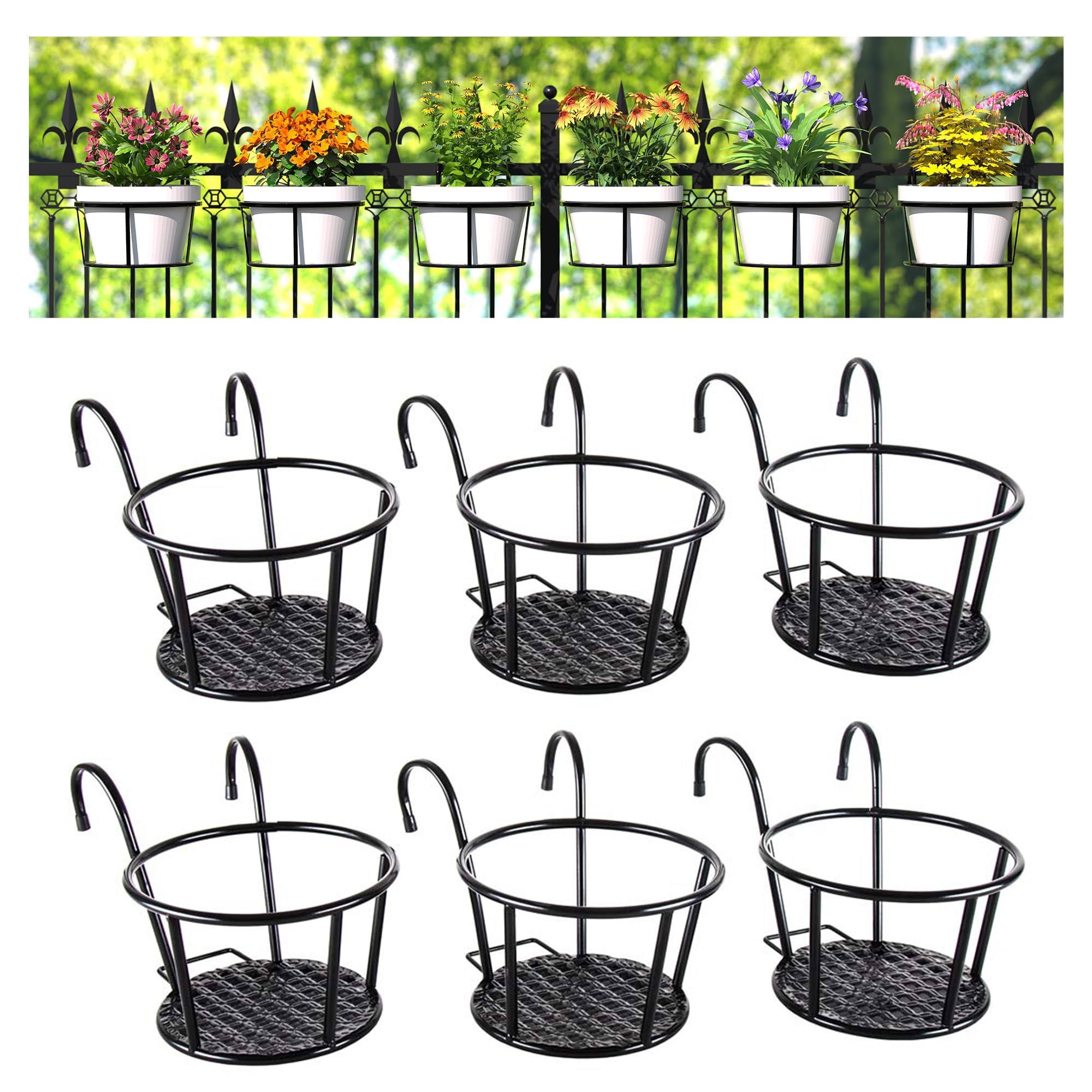 Iron Art - Cestas colgantes para macetas sobre el riel, maceta de metal para macetas con gancho, decoración interior y exterior para barandilla, valla, balcón, jardín (HangingPS-6-Negro)