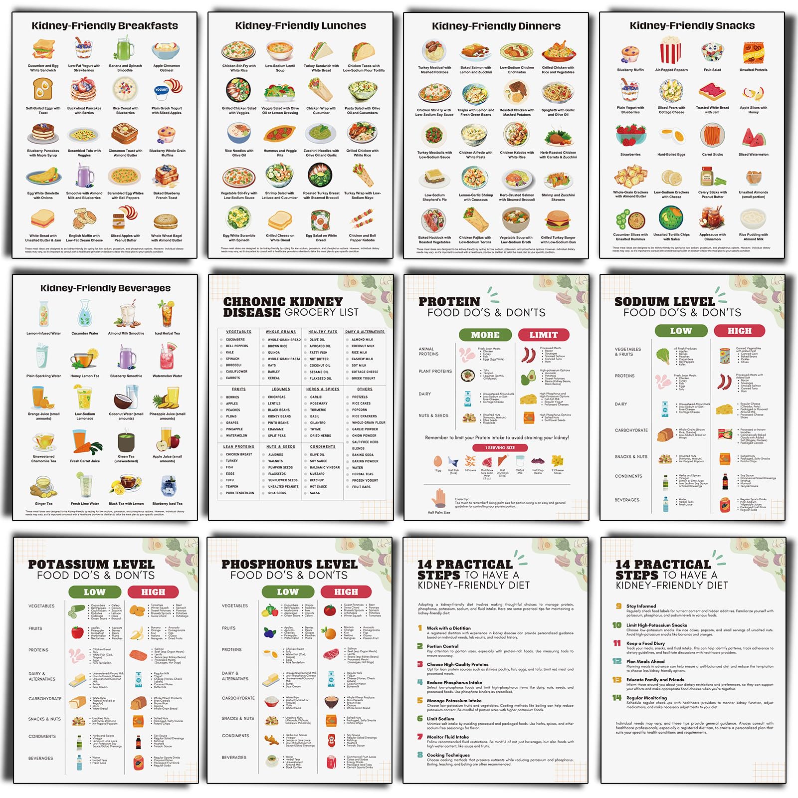 Sinload 12 Pcs Kidney Diet Chart Posters, Food List Guide for Kitchen