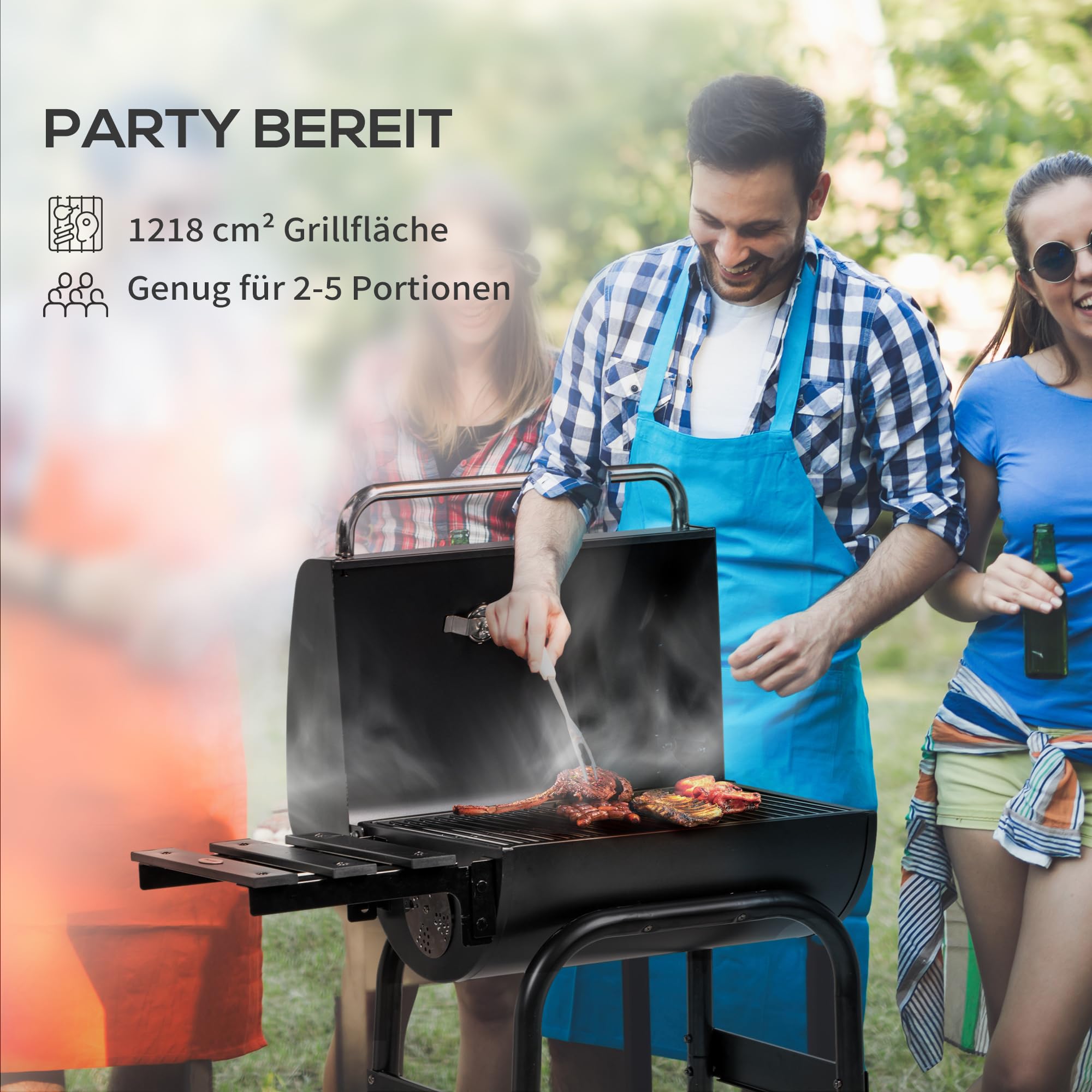 Outsunny Grill na węgiel drzewny, grill na kółkach z pokrywą, półki, grill kempingowy z kółkami, pokrywą, termometrem, kominem, na kemping, do ogrodu, stal nierdzewna, kolor czarny