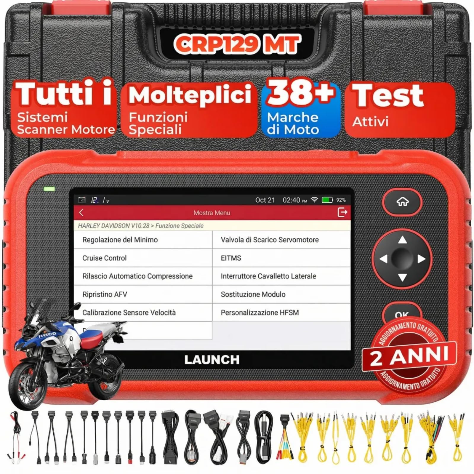 Launch CRP129 MT Pro Strumento di diagnostica per moto, test bidirezionale completo di tutti i sistemi OE, reset per Harley Honda Yamaha Kawasaki, 38+ marche, 11 lingue, 2 anni di aggiornamenti