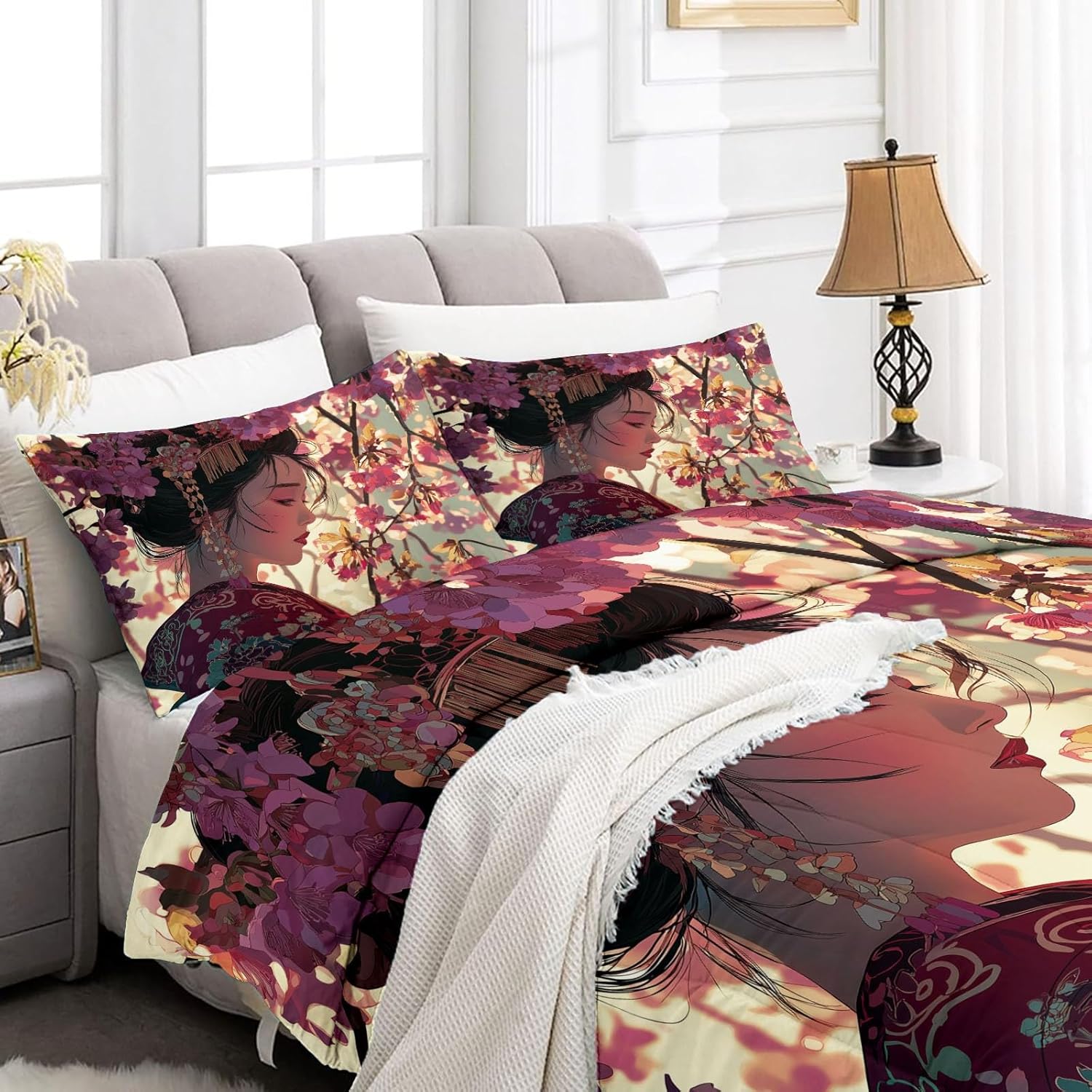 Art Kimono Cherry Blossoms Comforter Set Queen Size, Red Bedding for Kids Boys Girls, Duvet Soft Warm Bedding Sets Bedroom Decor 3Pcs