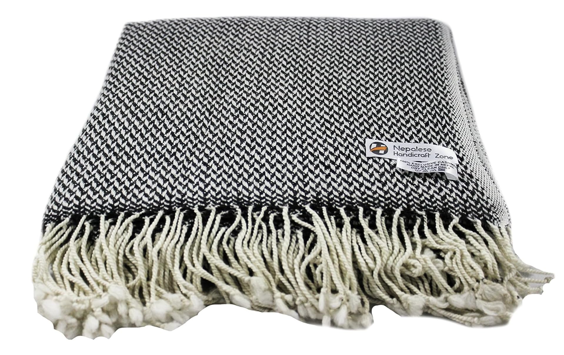 Nepalese Handicraft Chunky Wool Blend Throw Collection for Bed, Couch,Sofa - 54inch x 108inch- Super Soft, Light Weight, Travel and Meditation Blanket for All Seasons - Black/Fringes