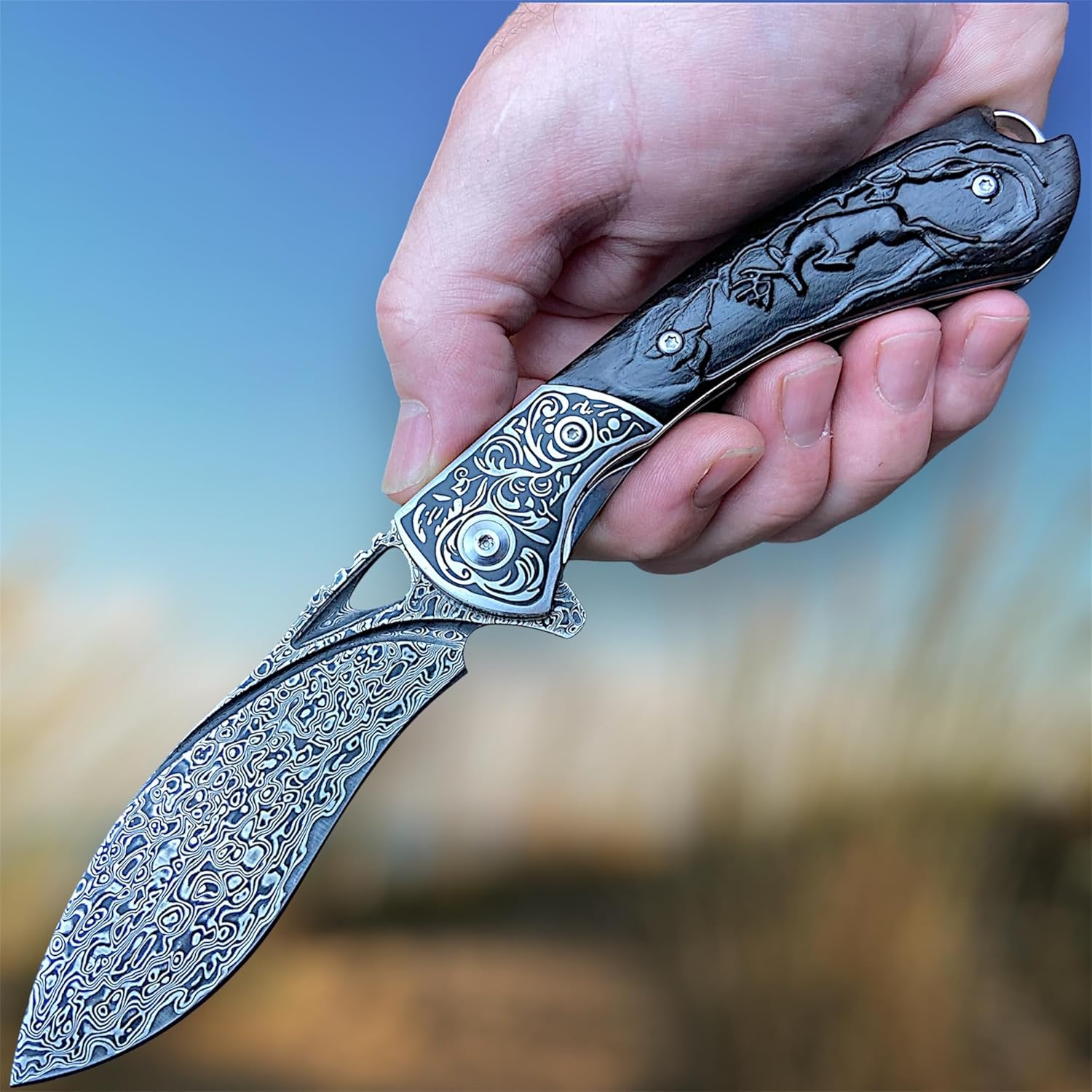 TACTICAL GEARZ Damascus Pocket Knife, Custom Carved Ebony Handle, Includes Custom Leather Sheath (Kanaka XT)