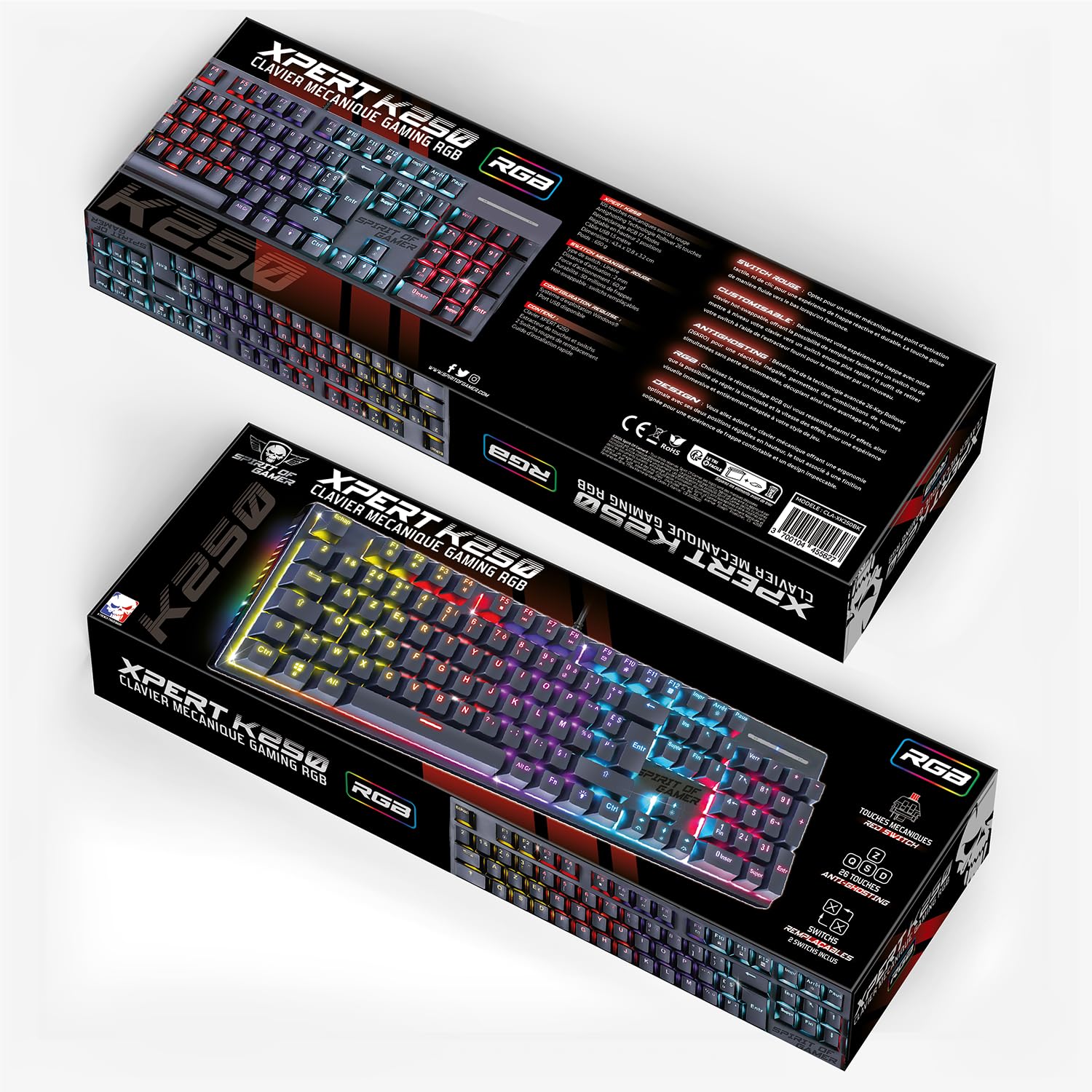 Spirit Of Gamer XPERT K250, teclado mecánico AZERTY Swtich rojo, 17 modos de retroiluminación RGB, tecnología N-Key Rollover de 26 teclas antighosting, conexión por cable, 2 interruptores incluidos,
