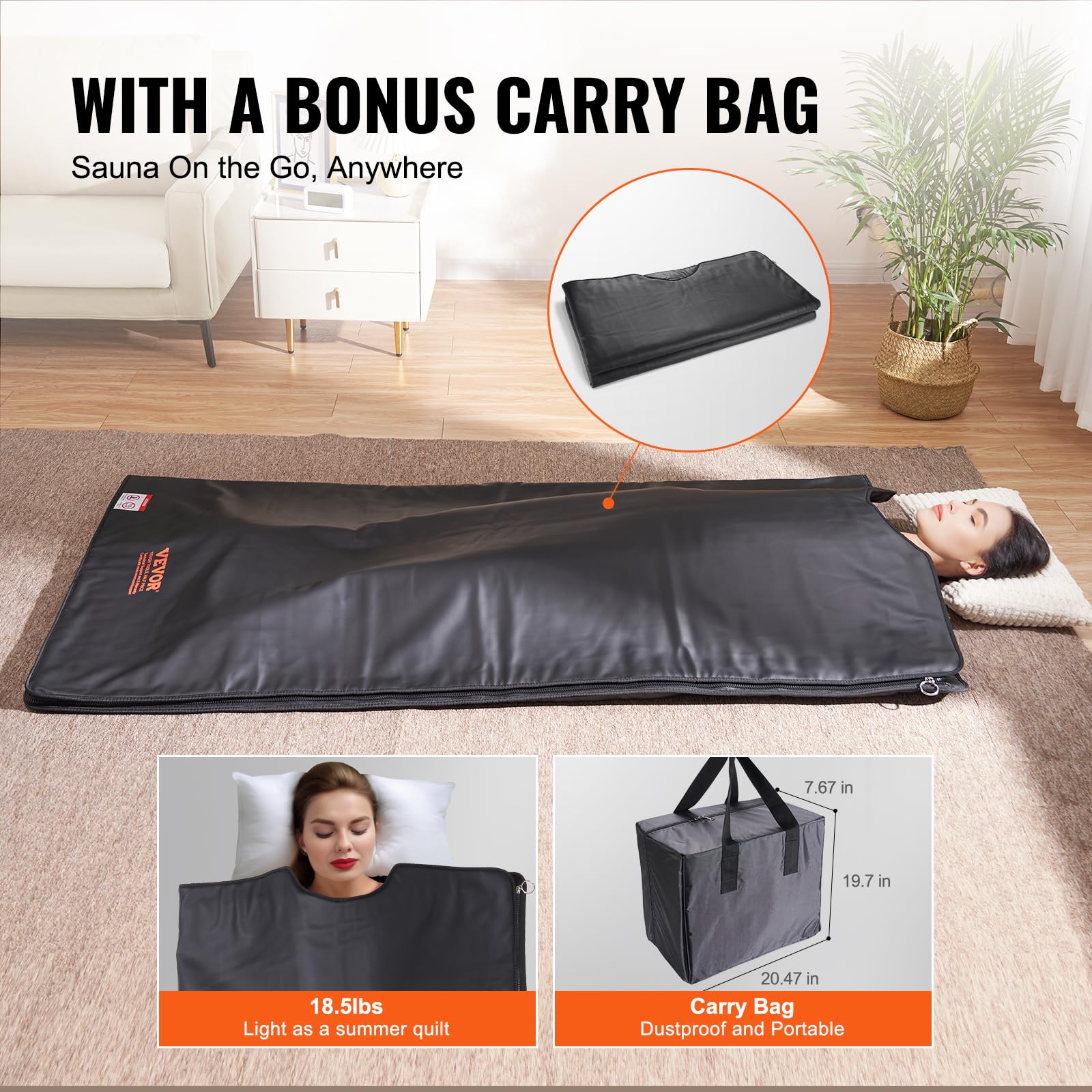 VEVOR Manta de Sauna de Infrarrojos Lejanos Portátil 180x90cm Rango de Temperatura Ajustable 1-6 Niveles Temporizador de 35-85°C 1-60 min con Bolsas de Sauna Calefacción de Fibra de Carbono para Hogar