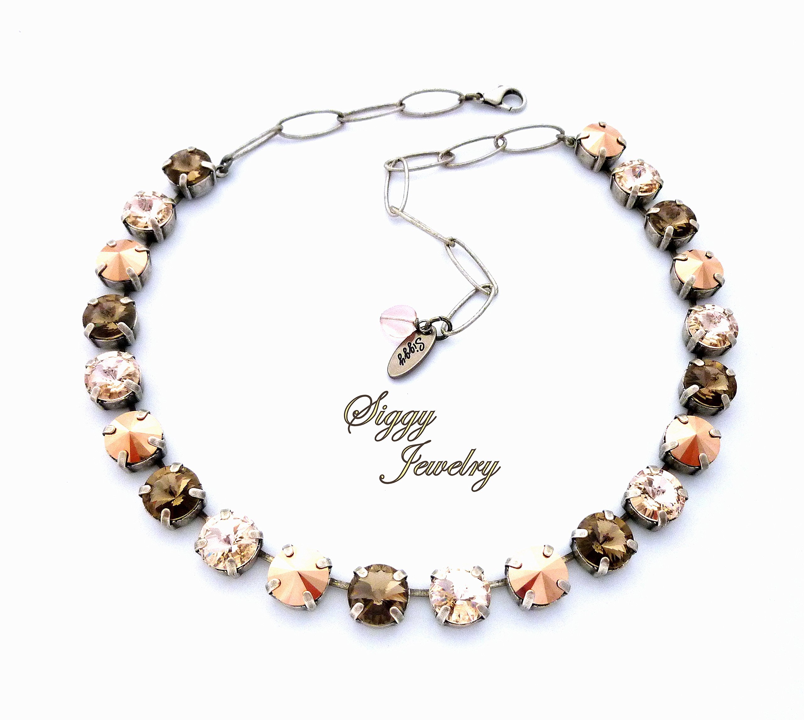 Siggy-JewelryGAZELLE Tennis Necklace Made with Genuine 10mm Austrian Crystals in Neutral Greige, Rose Gold, Silk, Earth Tones, Assorted Finishes, Siggy Jewelry