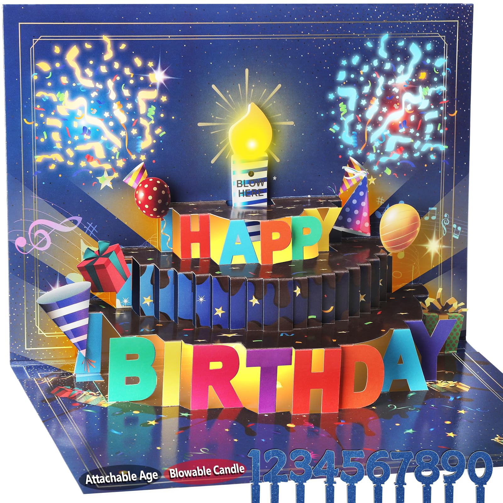 Musical 3D Pop-Up Birthday Card with Chocolate Cake Design, Dual Party Poppers & Blow Out LED Candle, Sound Effects & Light Show, Includes Envelope for Him, Her, Kids, Friends