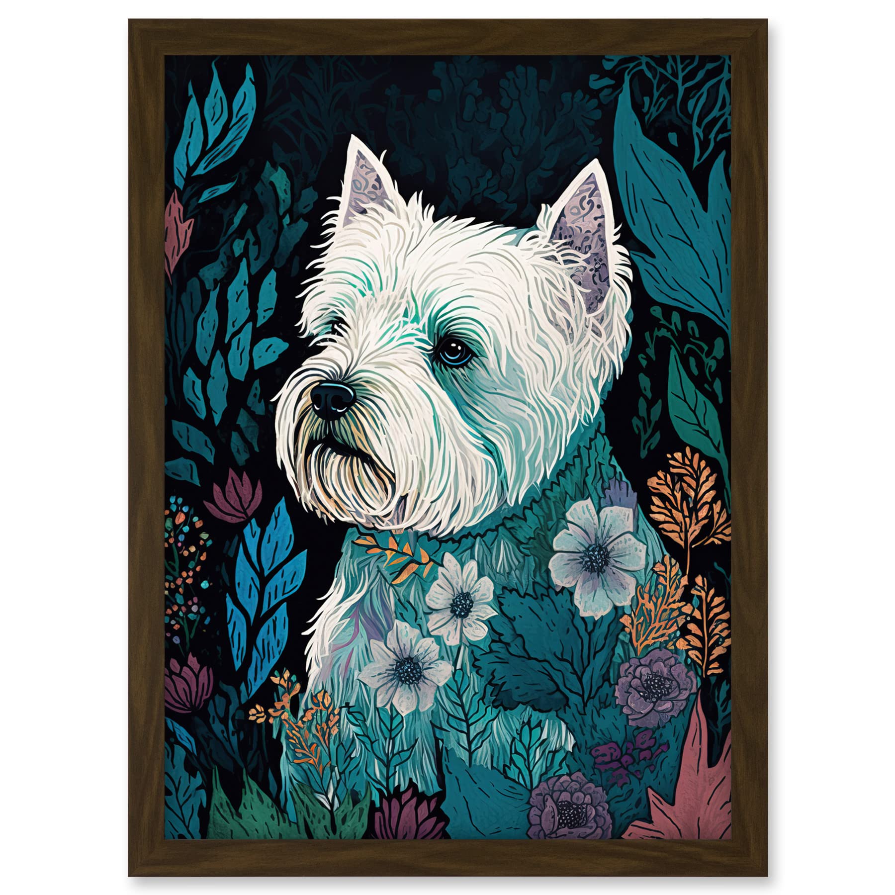 Artery8 West Highland White Terrier in Flowers Dark Multicoloured Linocut Illustration Artwork Framed A3 Wall Art Print