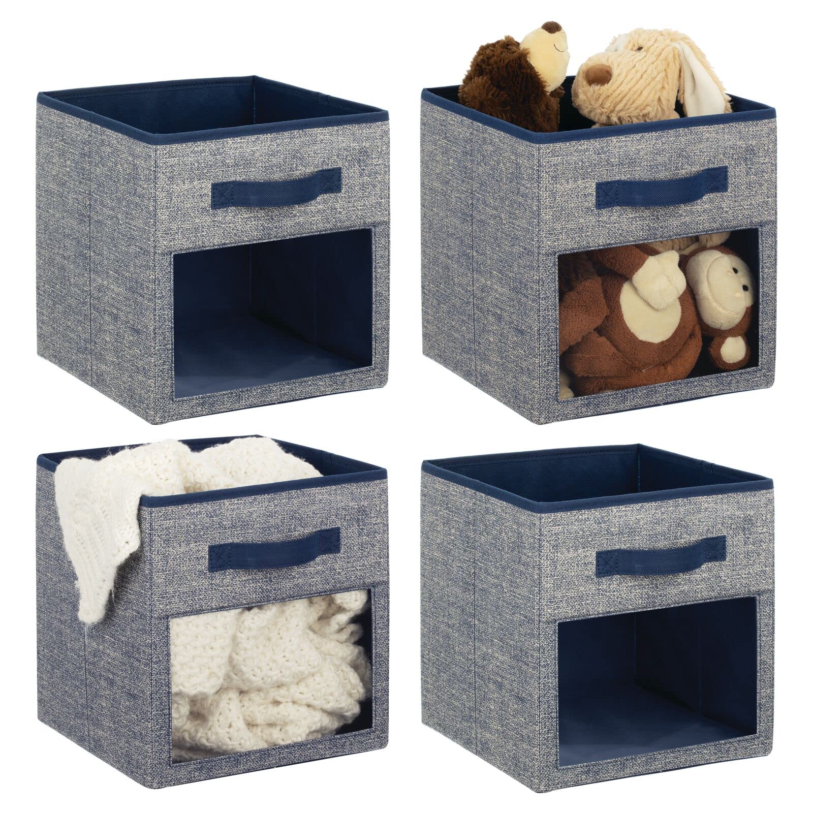 mDesign Fabric Nursery/Playroom Closet Storage Organizer Bin Box with Front Handle/Window for Cube Furniture Shelving Units, Hold Toys, Clothes, Diapers, Bibs, Lido Collection, 4 Pack, Navy Blue/White