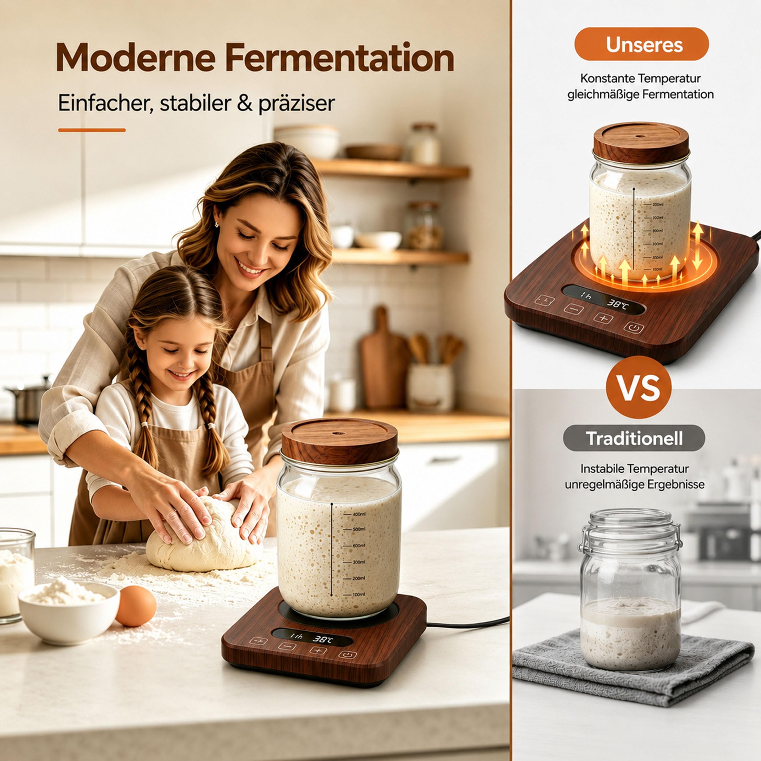 Sauerteig Starter Wärmer mit Thermostat | 21-38°C Präzise Wärmeplatte für Sauerteig-Anstellgut, Teig & Joghurt | 12H Timer, Speicherfunktion & EU-Stecker, 18W (Holzoptik)