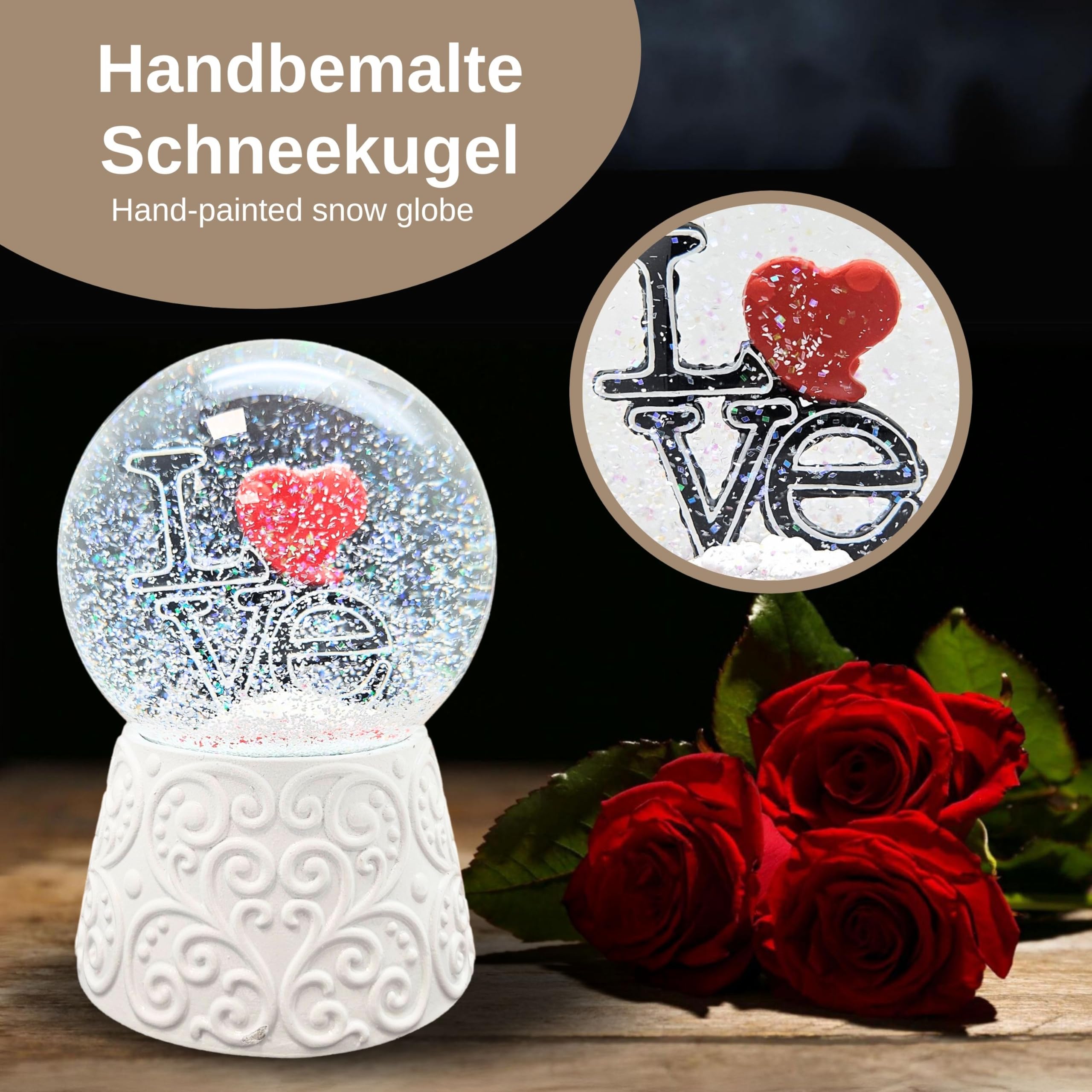 Boule à neige Love avec cœur - Inscription Love sur socle blanc - Ornements - Avec boîte à musique - Boule à secouer en verre - Hauteur : 14 cm - Largeur : 10 cm - Cadeau de Saint-Valentin, jour des