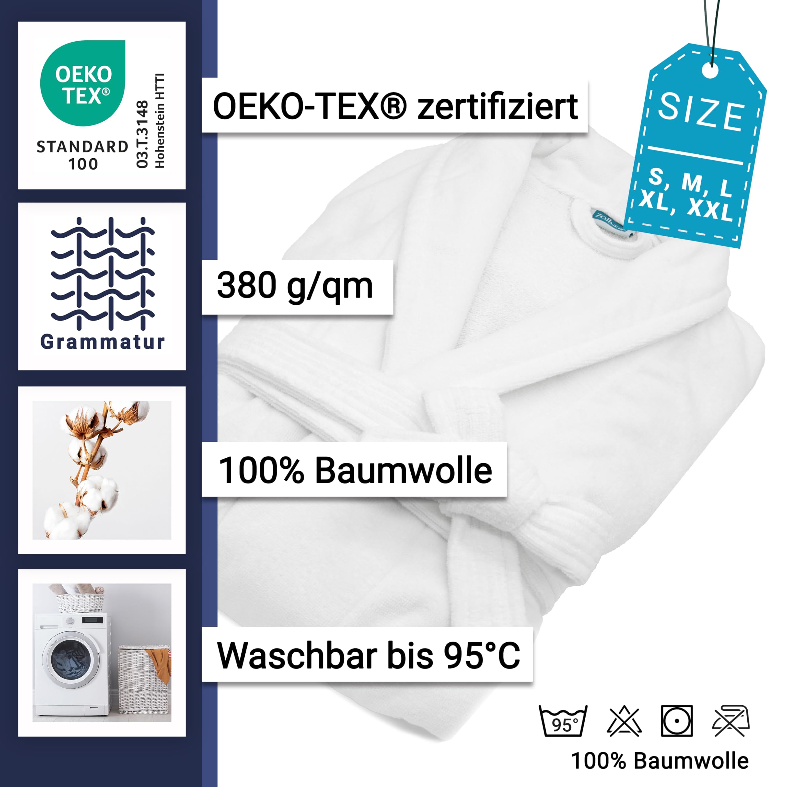 ZOLLNER Bademantel - hautfreundlich und super saugstark - Unisex - Baumwolle - Größe S-XXL - waschbar bis 95°C - Hotelqualität - Oeko Tex® zertifiziert, 291