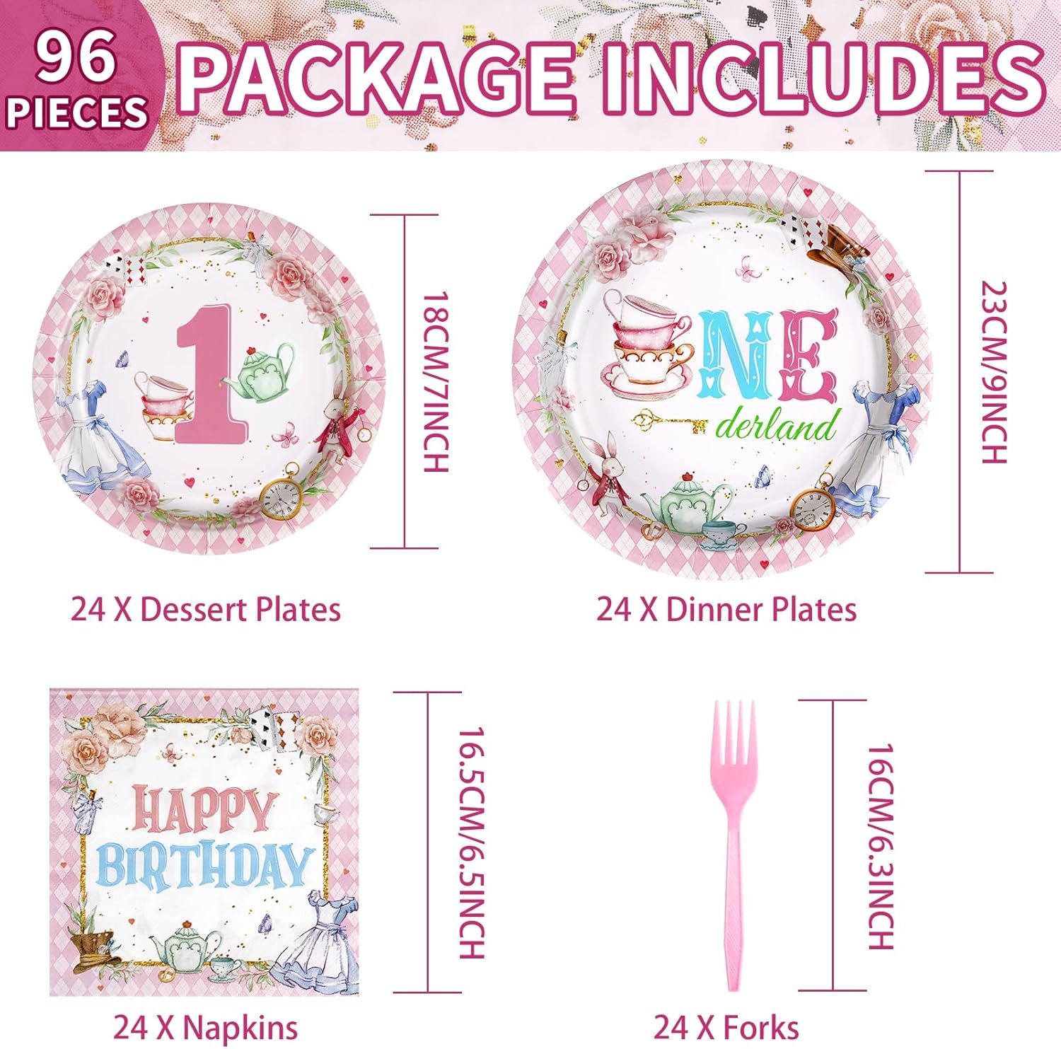Grencian 96Pcs Onderland First Birthday Party Supplies Onederland 1st Birthday Plates Napkins Forks Disposable Tableware Set for Girls One Year Old birthday Decorations Tea Party Baby Shower Serve 24 - Image 2