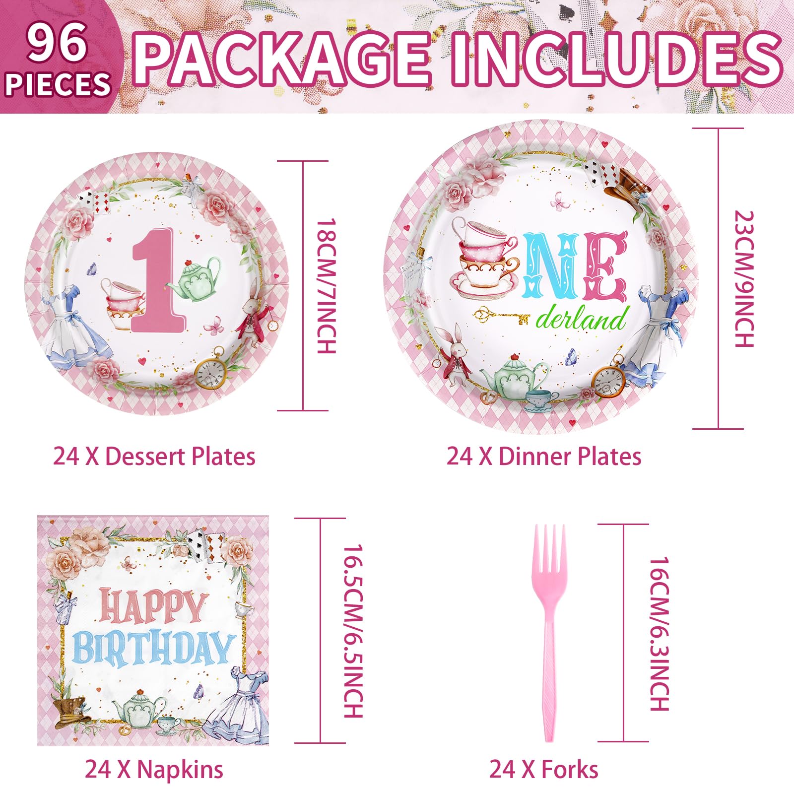 Grencian 96Pcs Onderland First Birthday Party Supplies Onederland 1st Birthday Plates Napkins Forks Disposable Tableware Set for Girls One Year Old birthday Decorations Tea Party Baby Shower Serve 24