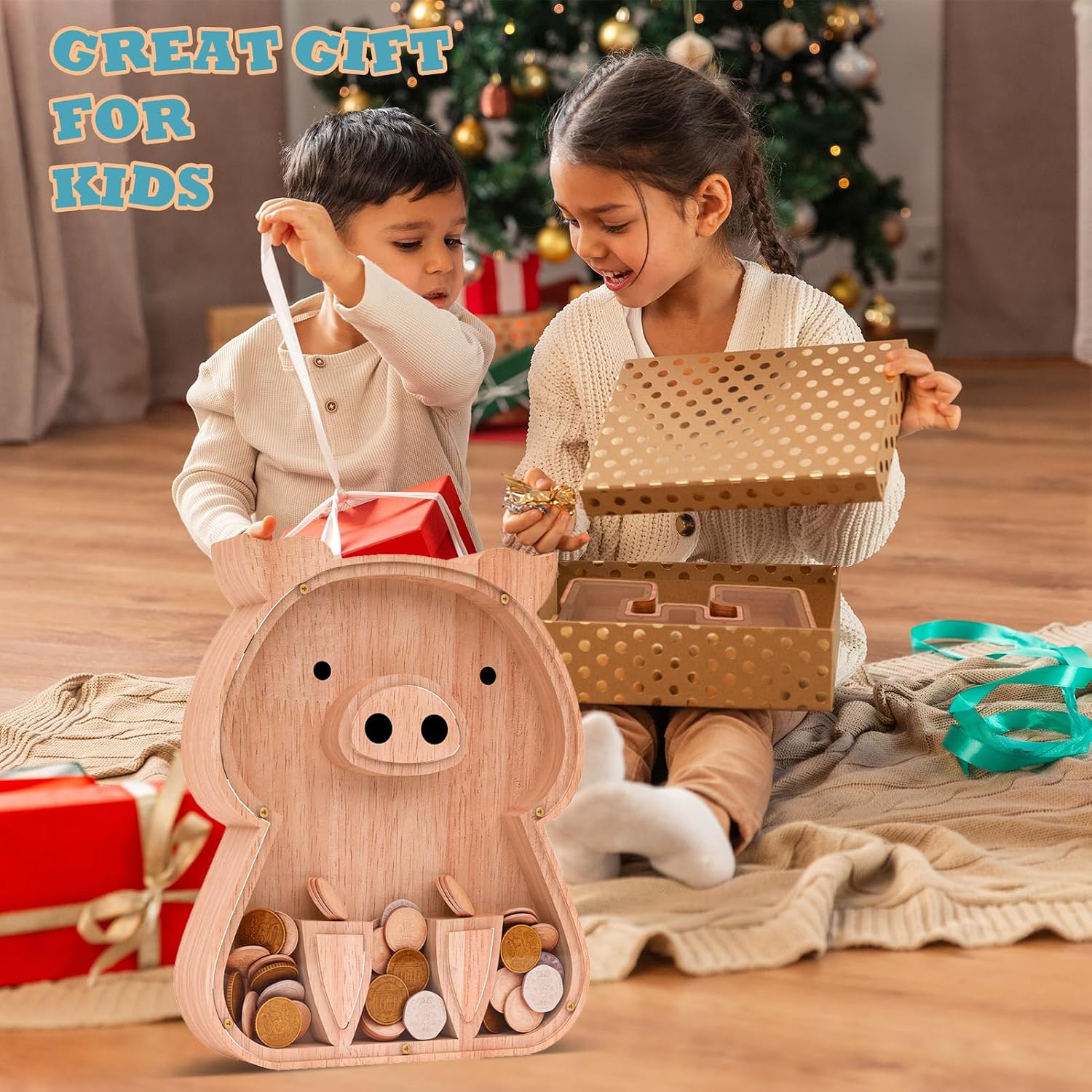 JOOMLAFLY Wooden Piggy Bank for Kids, Boys & Girls - Personalized Initial Coin Bank with Transparent Acrylic Panel - Wood Money Save Box for Birthday & Festival