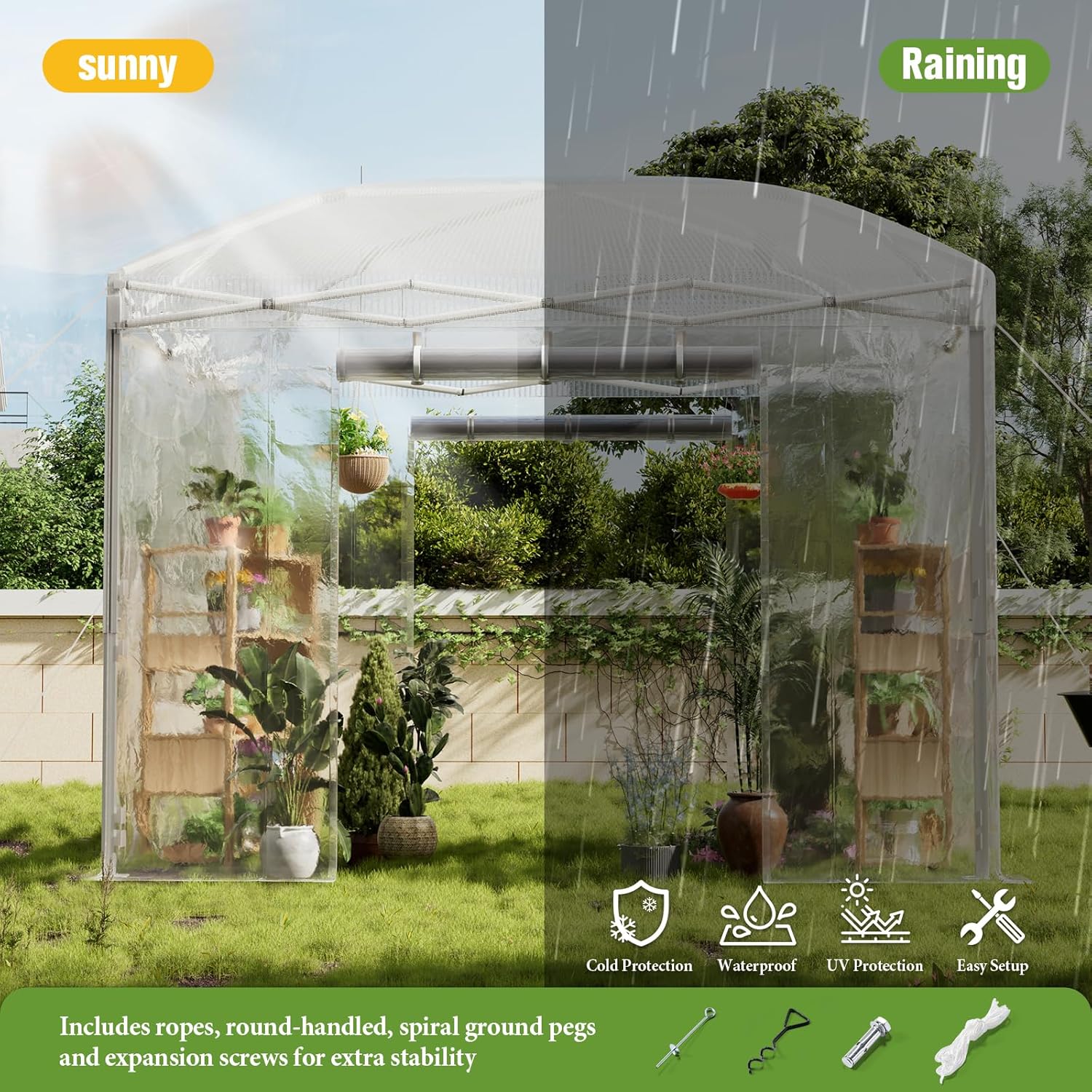 AMERLIFE 10×10×8.5 FT Pop-up Walk-in Greenhouse with Adjustable Reinforced Frame for Outdoors Indoor, Portable Greenhouse with 2 Roll-up Zipper Doors, Windows and PE Cover, White