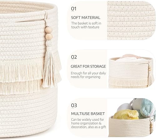 Miniatura 4 de Dahey Cesta decorativa de macramé de cuerda de algodón, decoración bohemia para guardería, pequeña y bonita borla tejida con cuentas de madera para