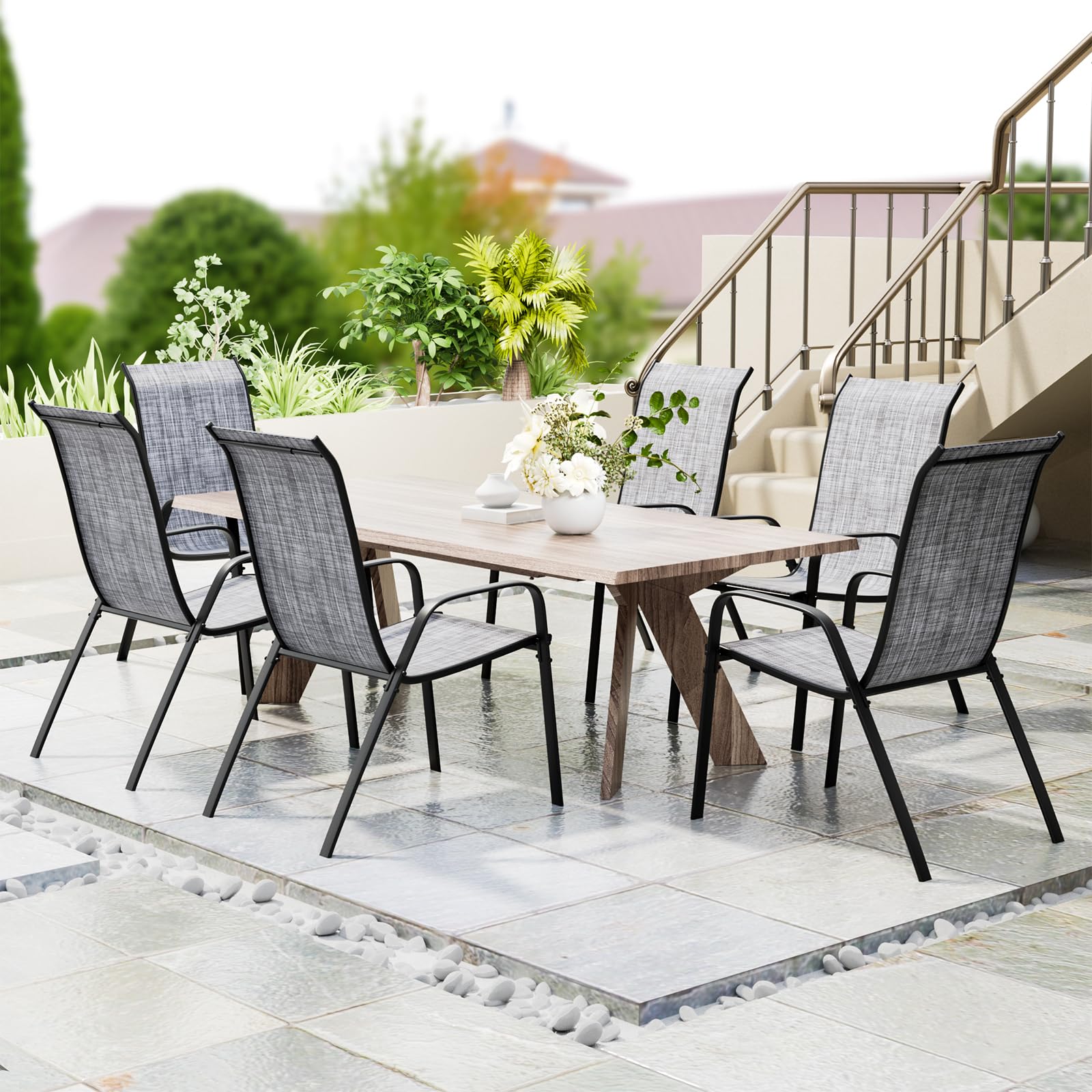 LIFERUN Sedia da giardino impilabile, da campeggio, impilabile, con schienale alto, in acciaio textilene, per giardini, cortili, balconi, ristoranti, 150 kg, portata: 54 x 69 x 93 cm 6pcs Lino grigio