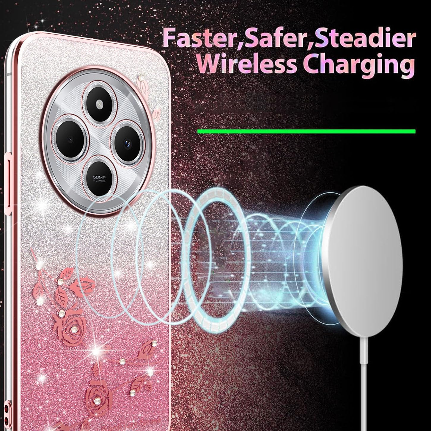 ILING Handyhülle Für Xiaomi Redmi 14C / Poco C75 – Rosa, Mit Glitzer-Rosen, Strass, TPU, Stoßfest