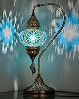 DEMMEX Teal Turkish Moroccan Swan Neck Tiffany Style Mosaic Glass Table Lamp - Handcrafted in Turkey for Bedroom Living Room