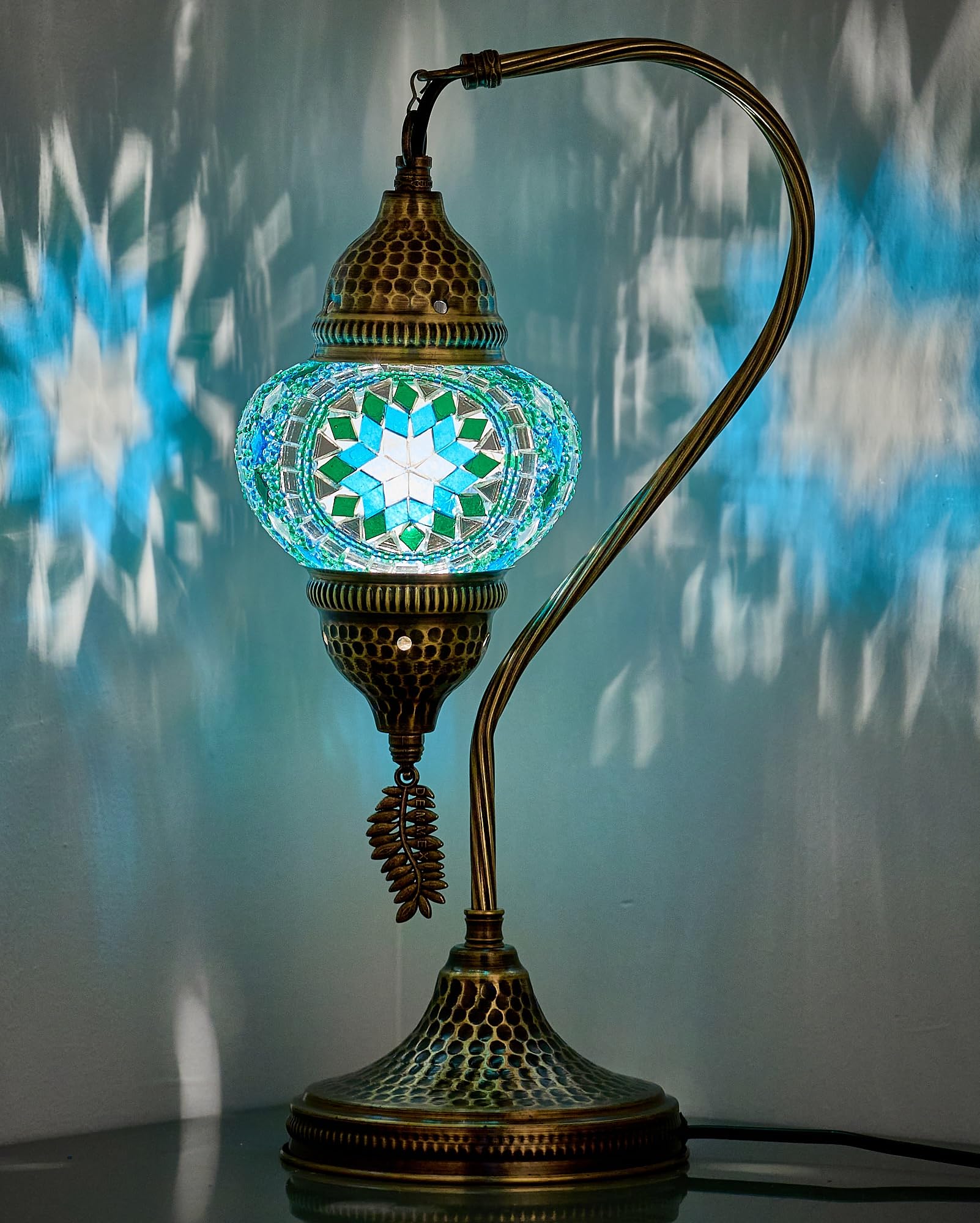 DEMMEX Turkish Moroccan Table Lamp, Swan Neck Tiffany Style Mosaic Glass Table Desk Bedside Lamp for Bedroom, Living Room – Handcrafted in Turkey, Teal