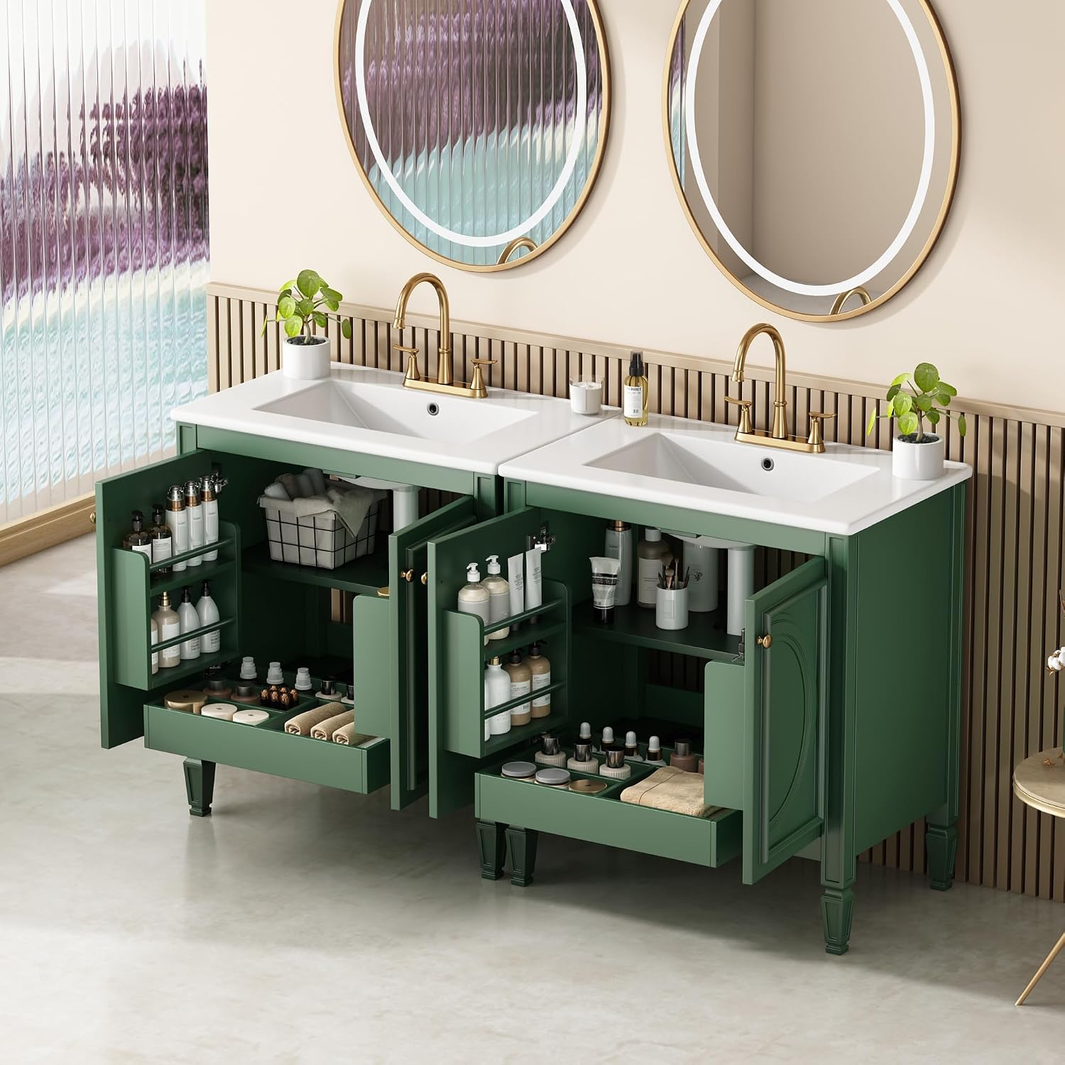 Christopher Knight Home Meril Bathroom Vanity Cabinets with Sinks Set of 2, Double Sink Combo Set Bathroom Vanity, Soft-Close Door with Storage Shelves and Drawers, Side Storage Shelves, Green