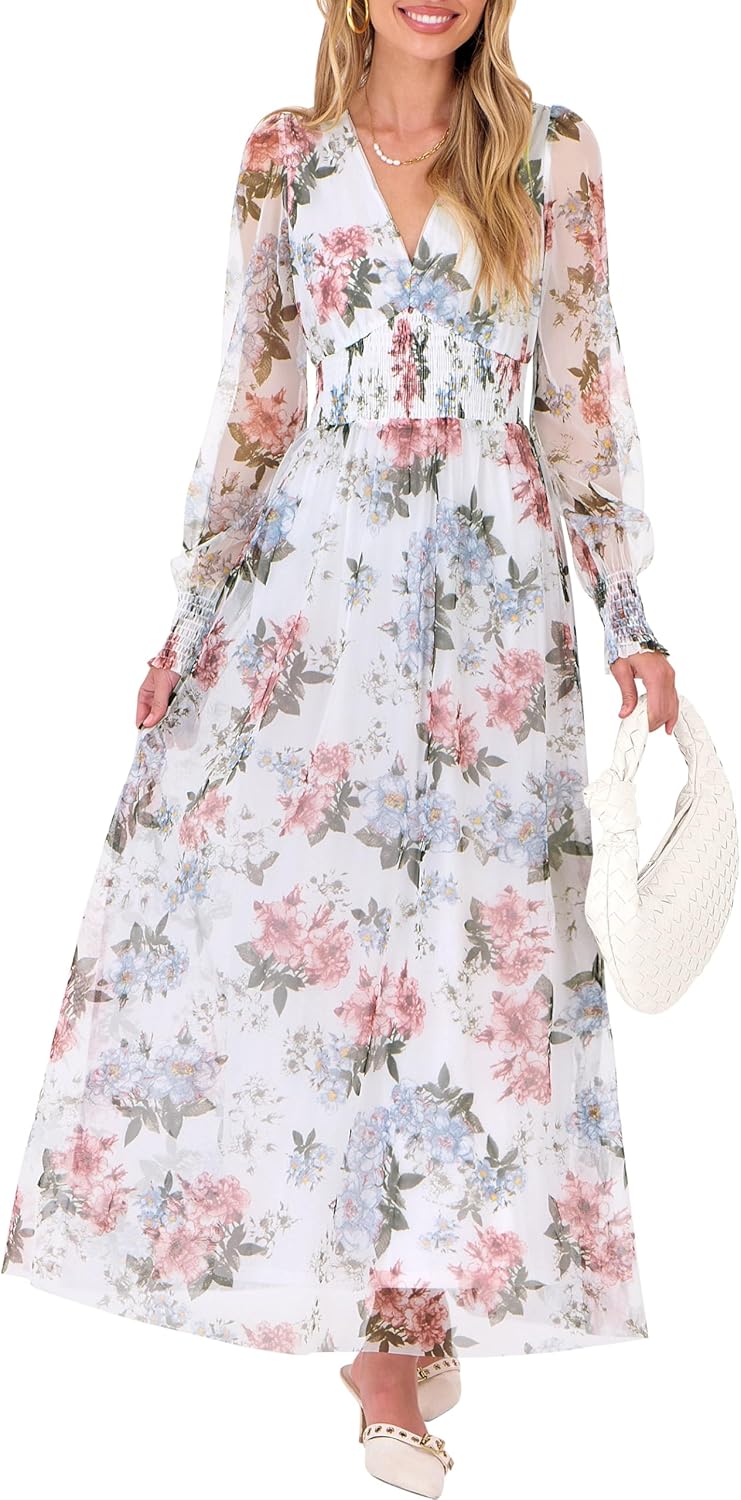 ANRABESS Women's Floral Maxi Dress 2025 Fall V Neck Puff Long Sleeve Flowy Casual Wedding Guest Tea Party Tulle Dresses