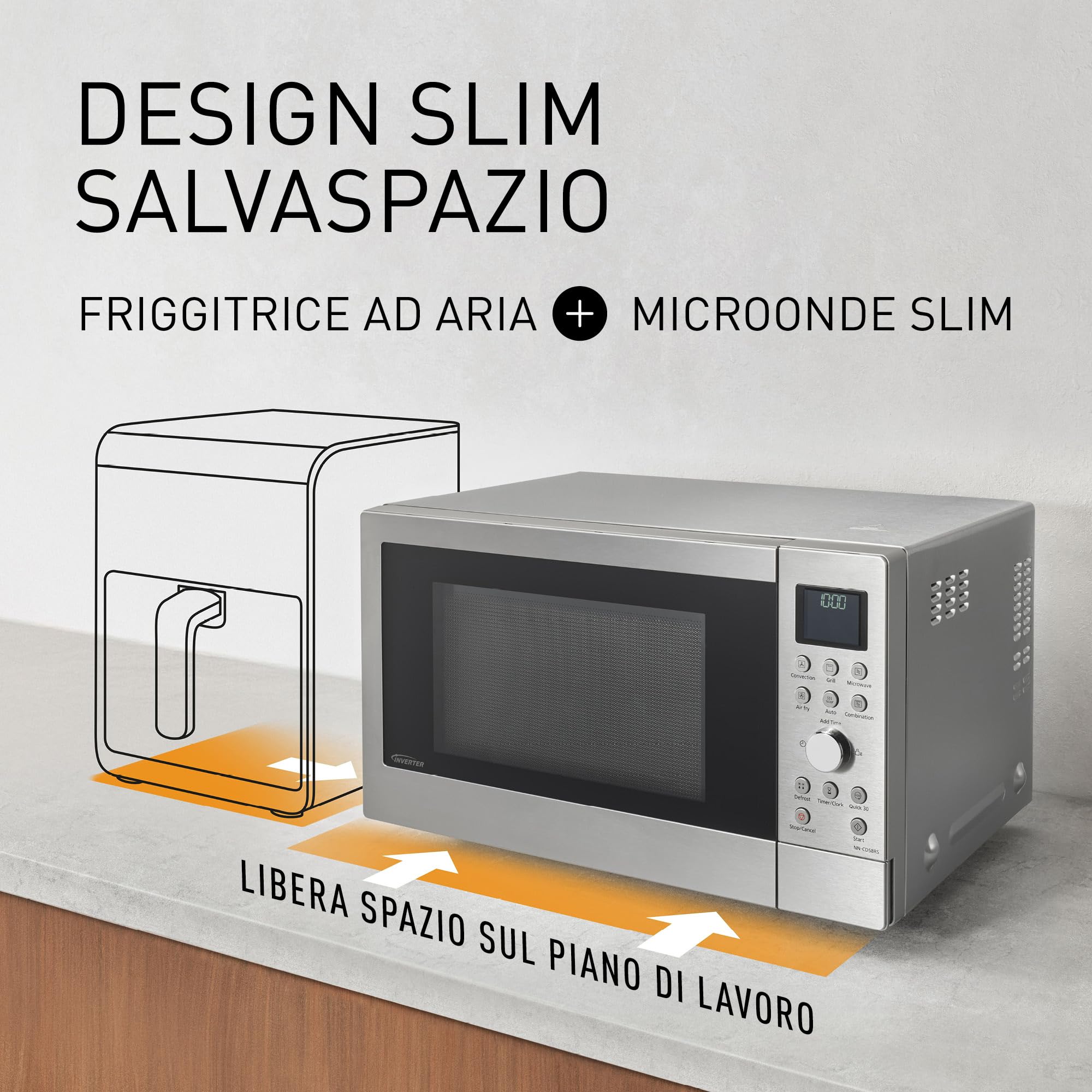 Panasonic NN-CD58RSEPG Friggitrice ad Aria e Forno a Microonde Combinato 4 in 1 da 27 L, Inverter da 1000W, Grill da 1300W, Convezione, 19 Programmi Automatici, Acciaio Inossidabile