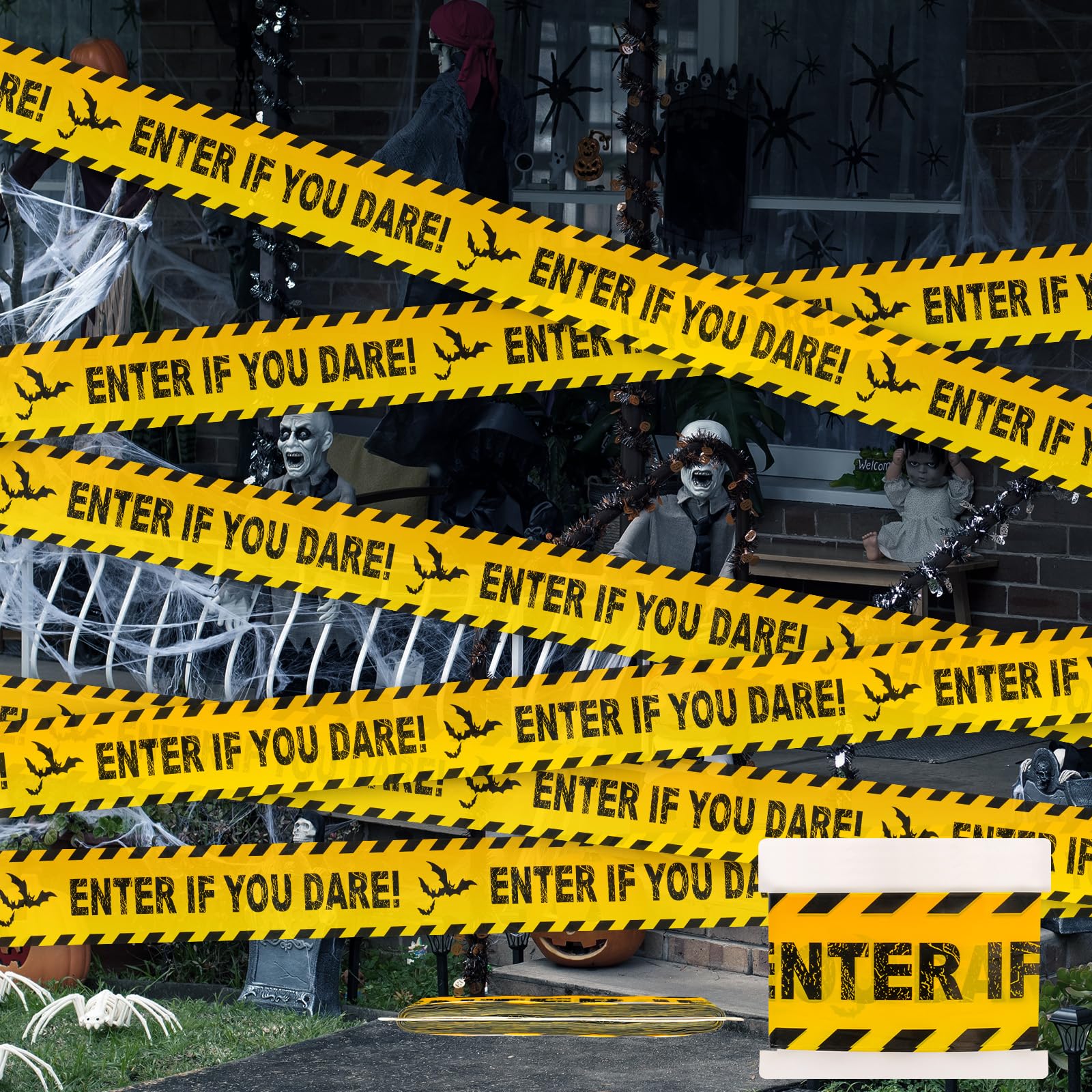 Halloween Decor Caution Tape - Yellow and Black Enter If You Dare Caution Tape, 3 Inch x 82 Ft Spooky Halloween Bat Warning Tapes for Halloween Indoor Outdoor Decorations Party Supplies Favors Decor