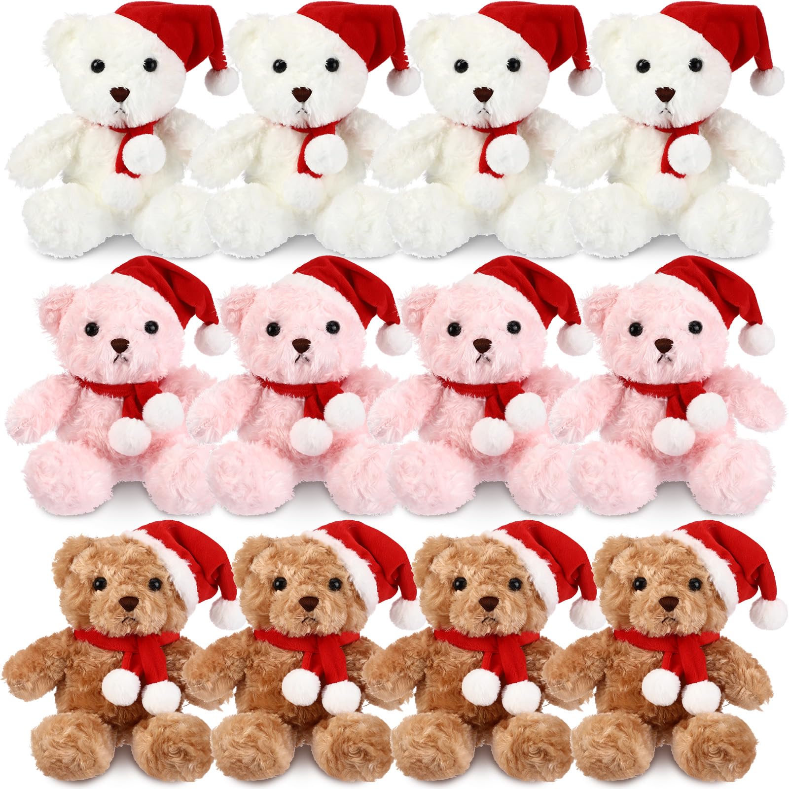 Hungdao 12 Pcs Large Christmas Bears Plush Toys Bulk 9.84 Inch Soft Bears Stuffed Animals with Red Cute Hats Scarfs Gifts for Kids Adults Christmas