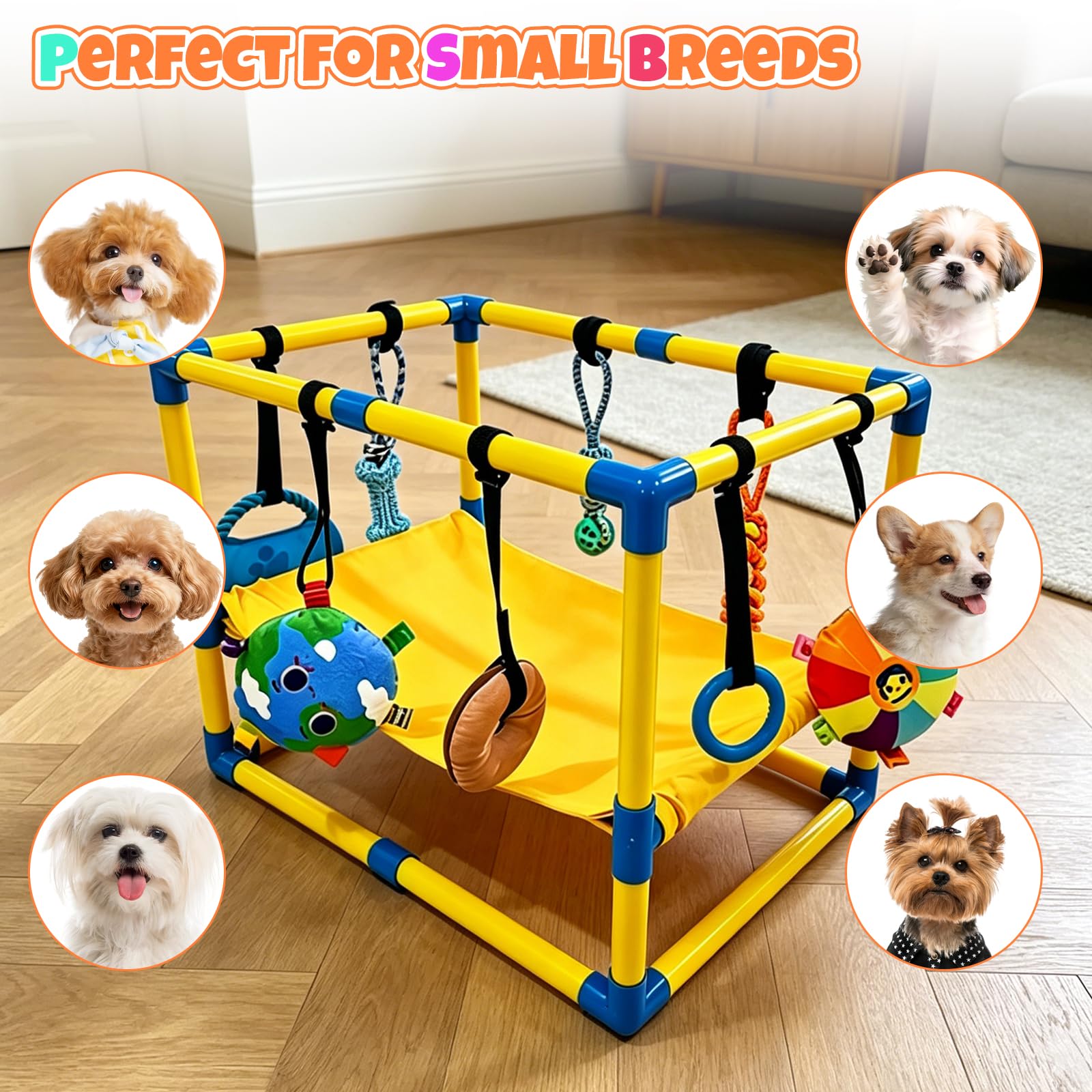 Welpenspielstudio mit 8 hängenden Spielzeugen, 60 x 40 x 40 cm für den Innenbereich | Play Gym Interaktives Hundetrainer mit Hängematte und Isomatte, PVC-Rahmen, Welpen-Fitnesscenter für Welpen