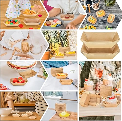 Miniatura 5 de MotBach Paquete de 150 bandejas de papel de 14 libras desechables para botes pequeños de papel, mini bandejas de papel kraft marrón, bandeja de
