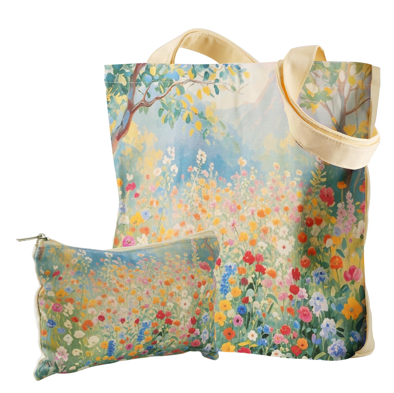 BROADREAM Canvas Tote Bag for Girls, Reusable Large Shoulder Bag with Zipper & Small Cosmetic Bag for Gym, Work, Shopping