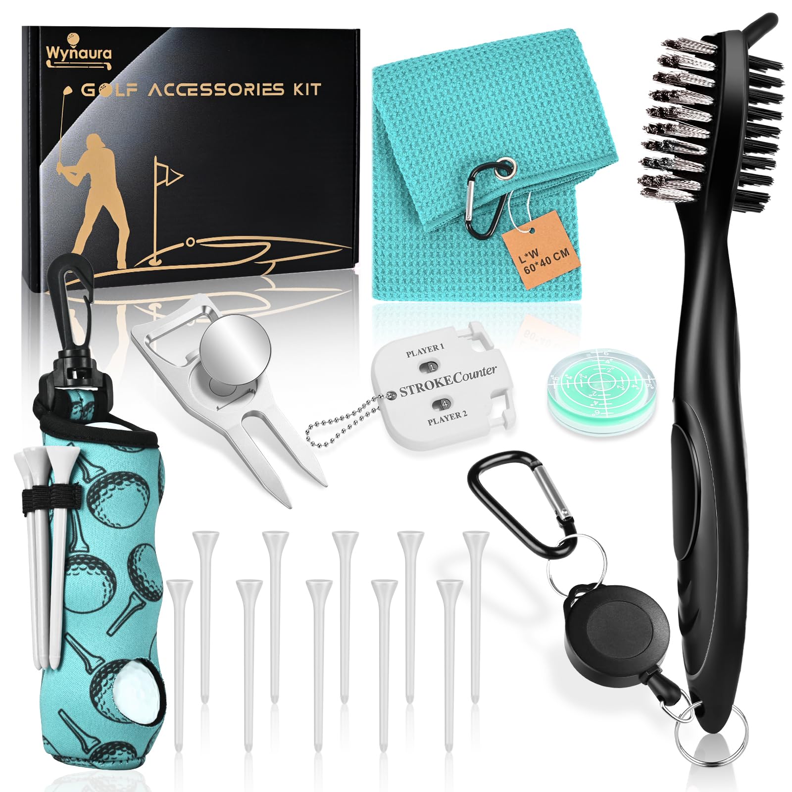 Wynaura 17 Pcs Golf Accessories Kit, Includes Cleaner Brush, Towel, Plastic Tees, Golf Ball Bag with Hook, Ball Marker Divot Tool, Score Counter, Essentials Kit for Women Man Gifts(Teal)