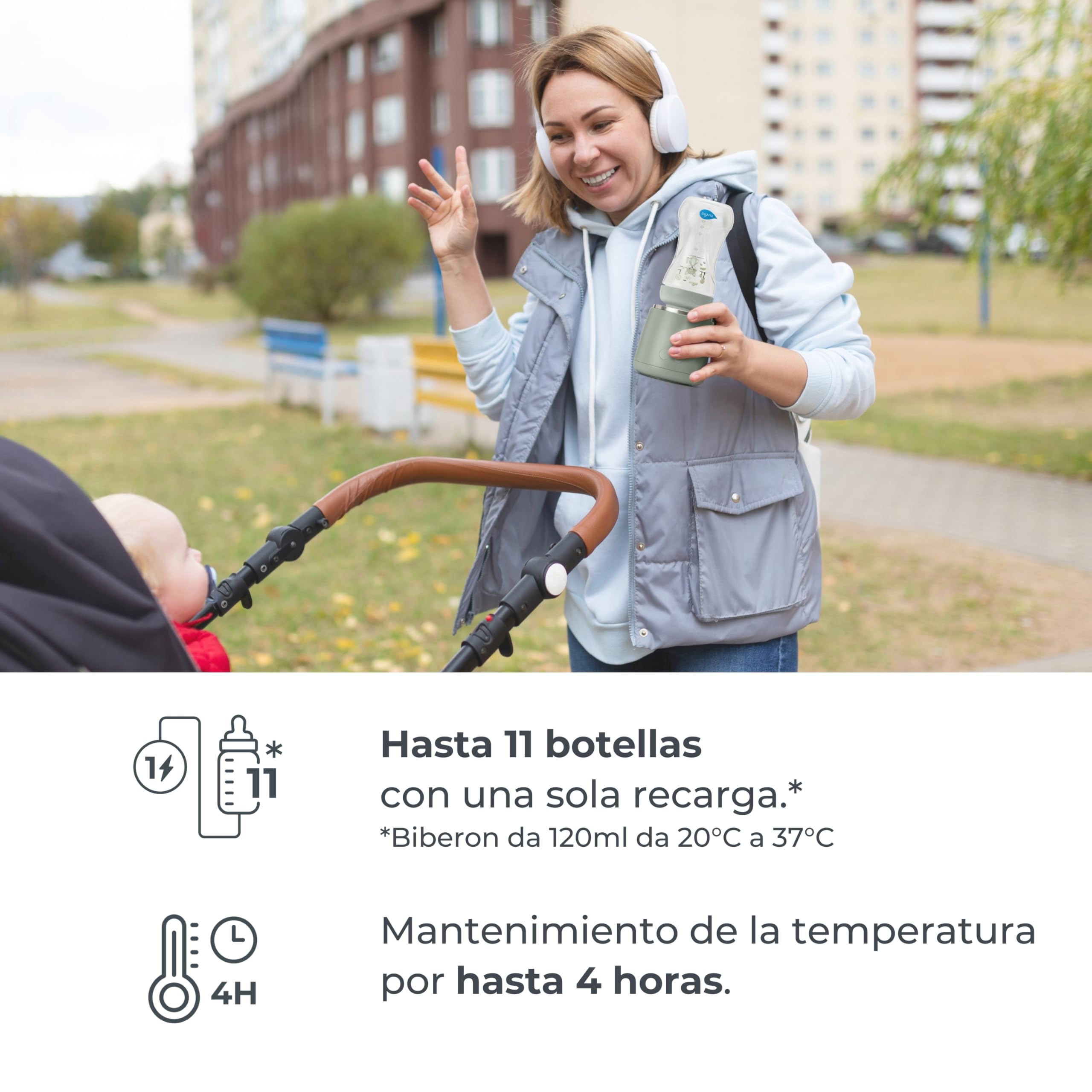 Nuvita 1163 Warm’n’Mix Calentador de Biberones Portátil con batería y Función de Calentamiento y Mezcla – Calentamiento Rápido en 3 Minutos, 4 Configuraciones de Temperatura, Compatibilidad Universal