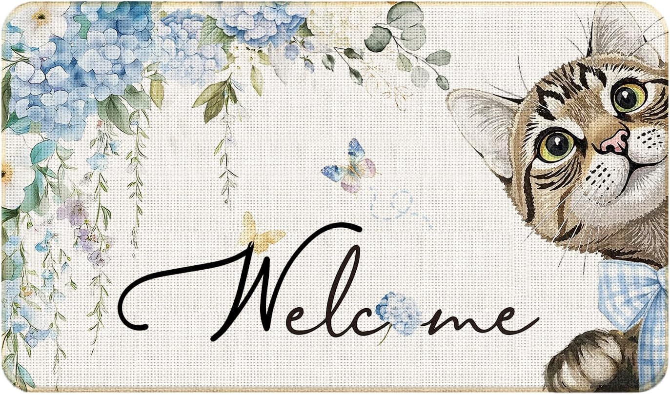 Cat Welcome Mat, Blue Rustic Hydrangea Floral Tabby Cat Door Mat for Front Door Indoor Outdoor Entrance Porch, Cute Kitten Doormat Bath Mats, 17x30 Inches