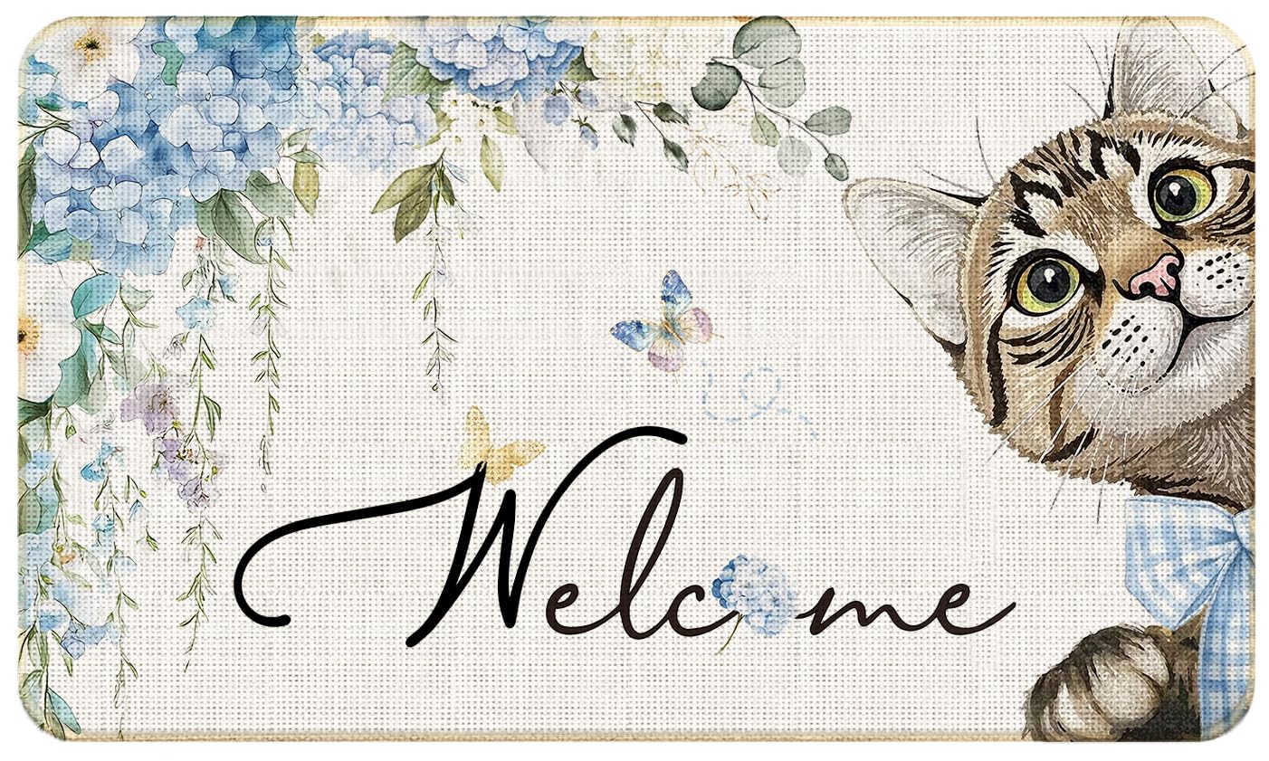 WARDOS Cat Welcome Mat, Blue Rustic Hydrangea Floral Tabby Cat Door Mat for Front Door Indoor Outdoor Entrance Porch, Cute Kitten Doormat Bath Mats,