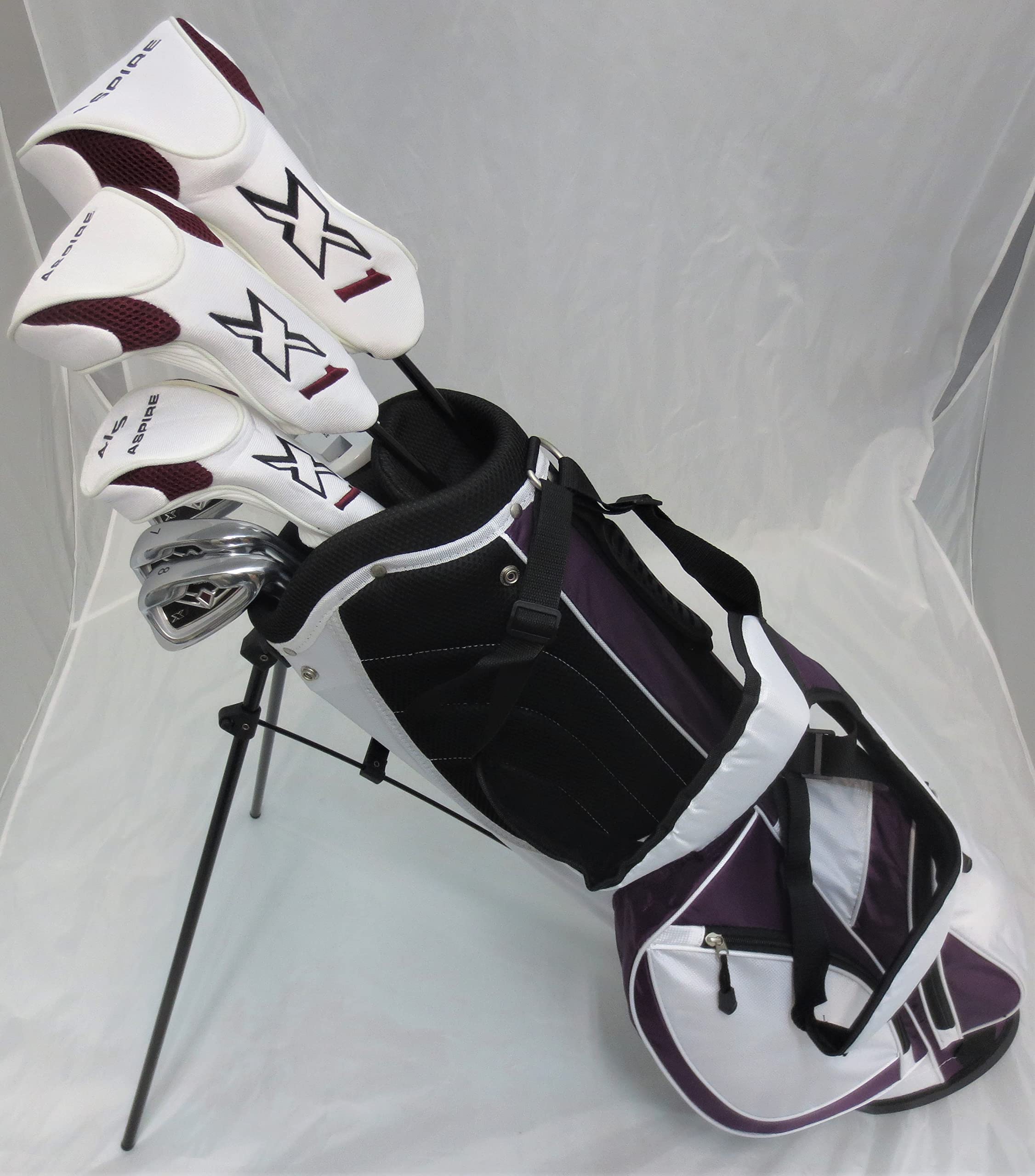 Performance 4 Golf Ladies Complete Golf Set for Petite Women 5'0inch to 5'5inch Tall Complete Driver, Fairway Wood, Hybrid Irons, Putter, Clubs Stand Bag, White with Deep Purple