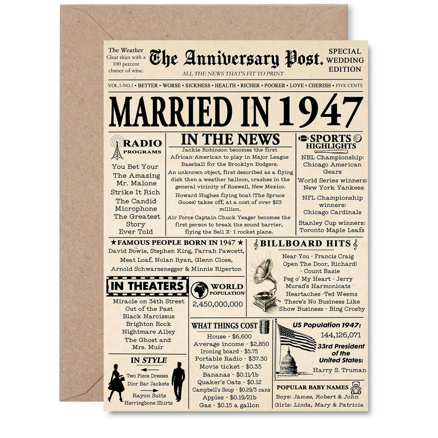78th Anniversary Card for Men Women - Newspaper Married in 1947 - Happy 78 Year Wedding Anniversary Card for Companion Partner Husband Wife, A5 Anniversaries Greeting Cards