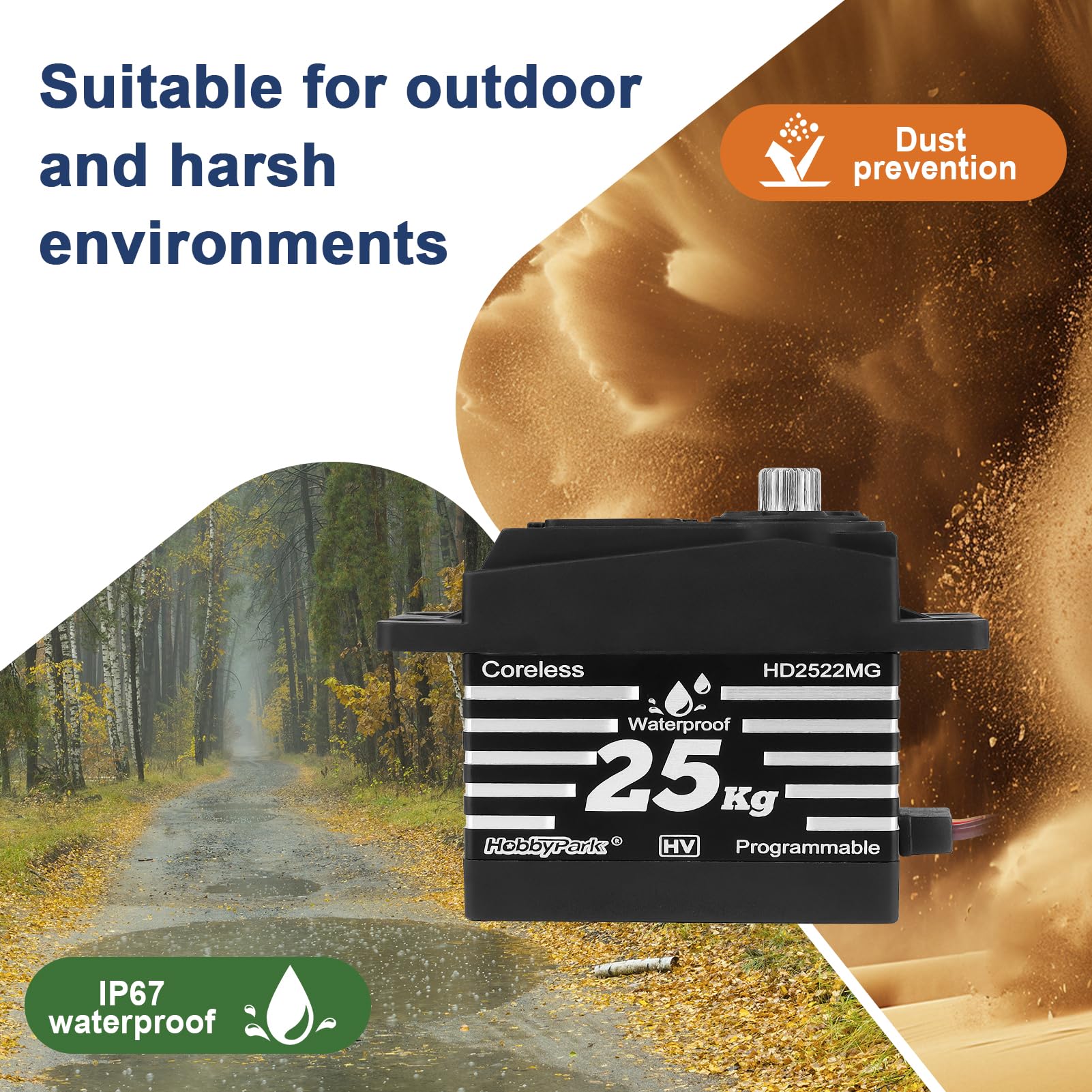 HobbyPark Waterproof RC Servo 25KG High Torque Metal Gear Digital Servo for 1/12 1/10 RC Car Truck Buggy Programmable 2BB Control Angle 180° HV (Coreless Motor)