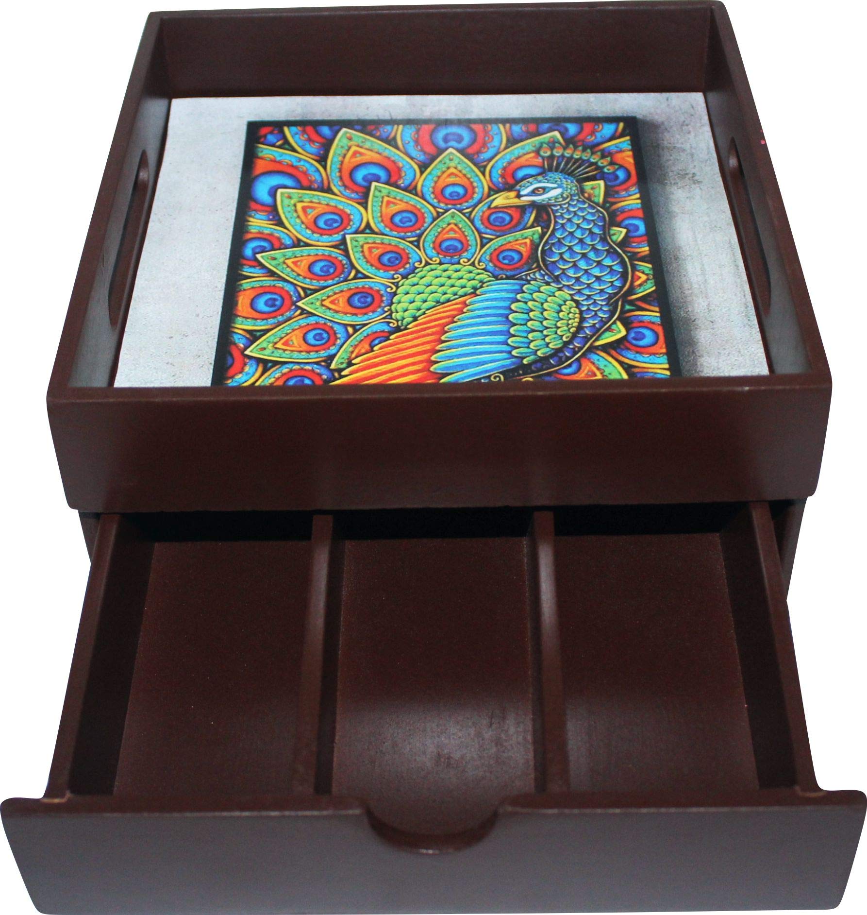 Enigmatic Woodworks Wooden Tray with DrawerI Store Spoon Knife Fork Napkin Tea Sugar Milk Sachets I Size 20 X 20 X 9 (Brown Farme Peacock) (B084DB97X5) Amazon Price History, Amazon Price Tracker
