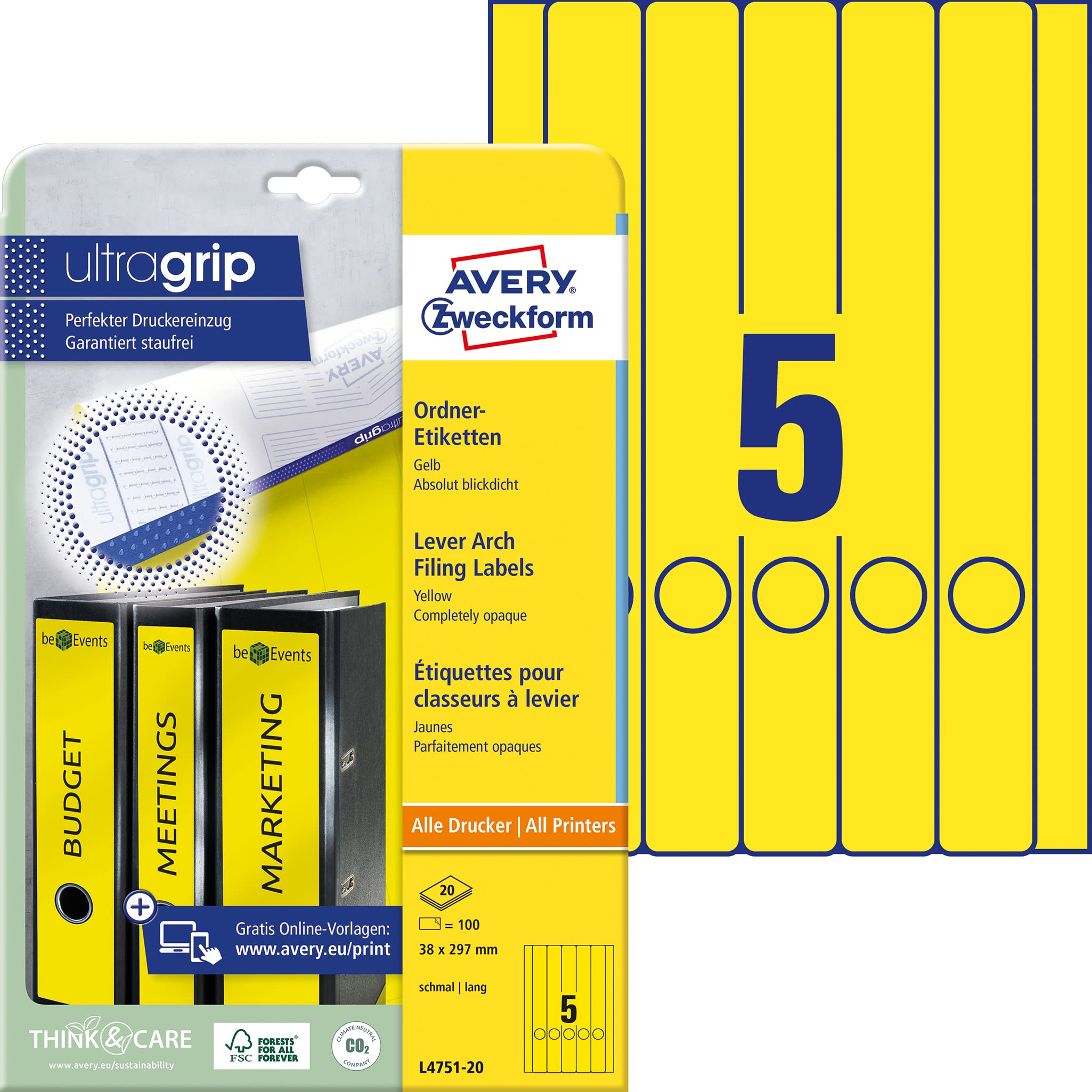 Avery Zweckform L4751-20 Folder Labels for Narrow Folders Long e.g. for Leitz Elba Esselte Mehle Herlitz Bene 38 x 297 mm 20 Sheets
