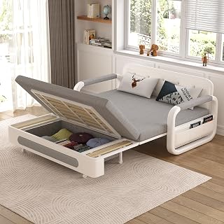 Ausziehbares Schlafsofa - Sofa mit Schlaffunktion und Stauraum, Schlafcouch für kleine Räume und Wohnzimmer, Sofa Bed in Dunkelgrau und Weiß (150cm)