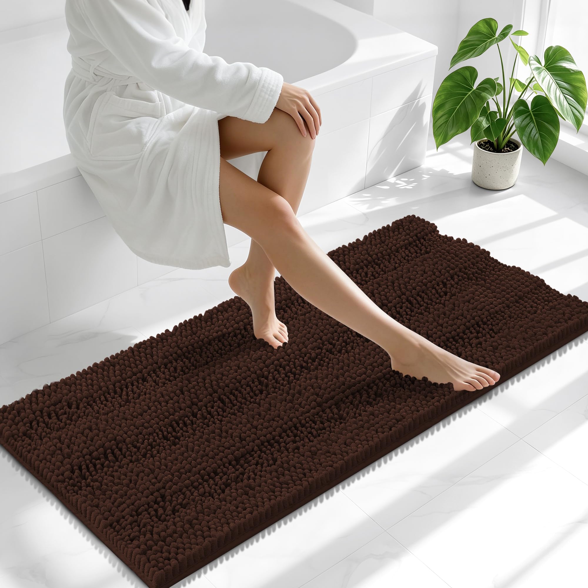 Smiry Thick Chenille Bathroom Runner Rugs 47x20, Absorbent Bath Mat, Brown