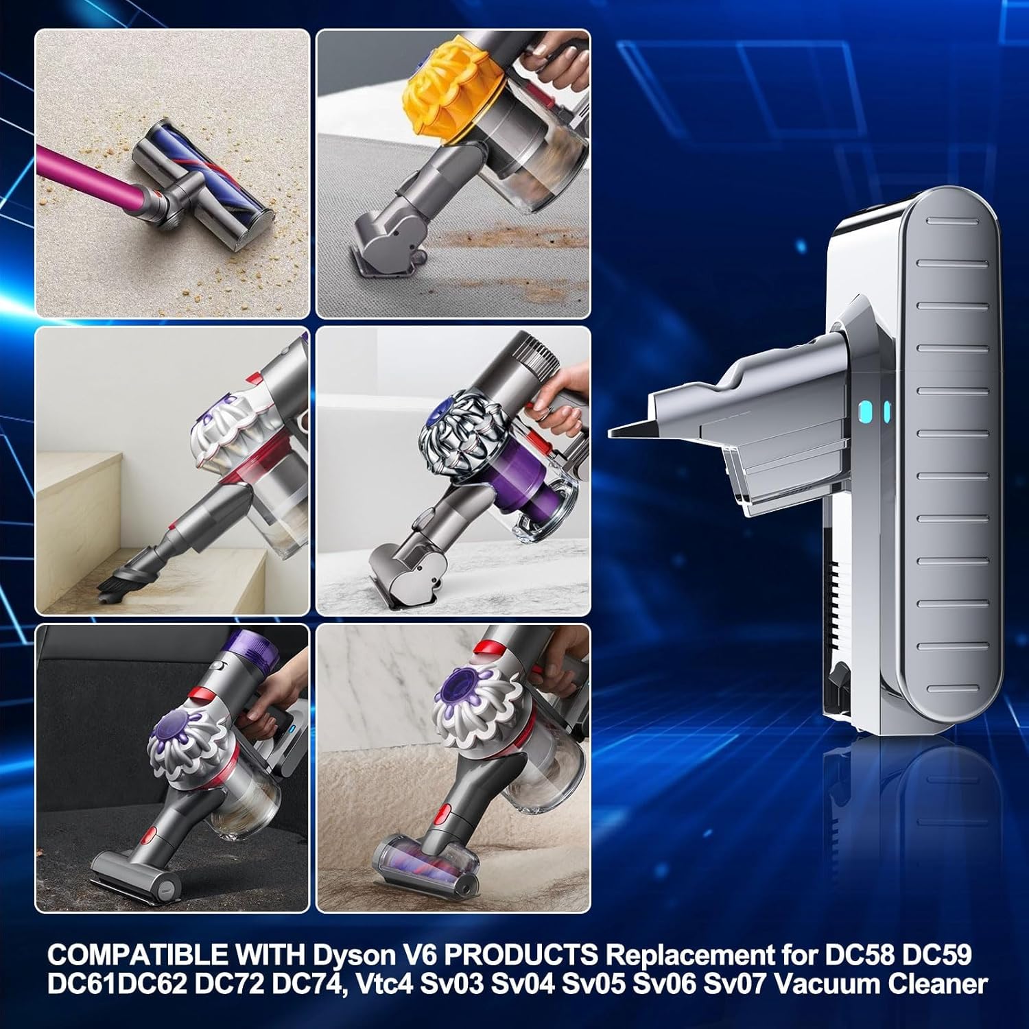 8000mAh Replacement for Dyson V6 Battery Compatible with V6 Animal/Absolute/Motorhead/Fluffy SV03 SV04 SV05 SV06 SV07 VTC4 DC58 DC59 DC61 DC62 DC72 967810-07 Vacuum Cleaner with LED Display